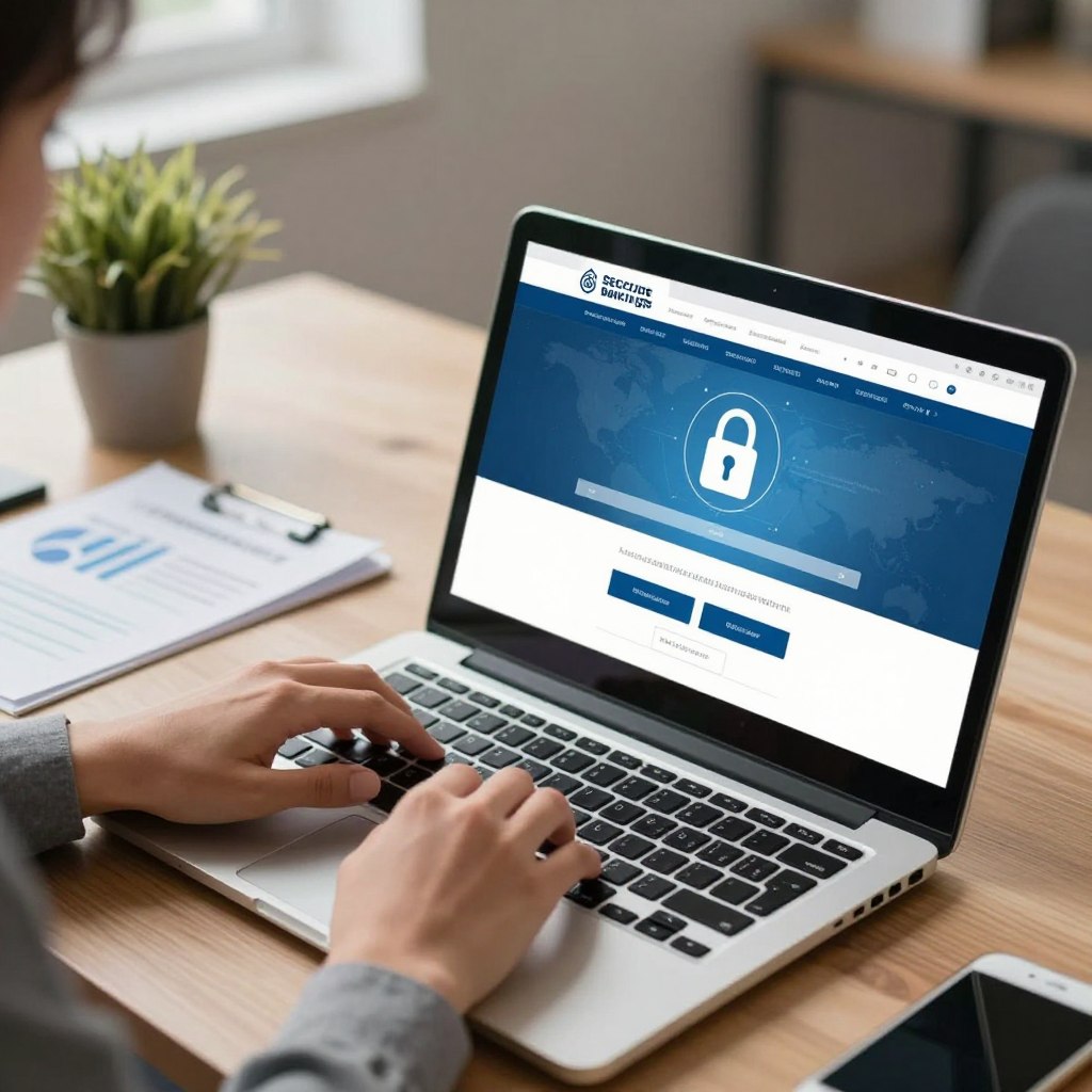 A secure online banking environment, featuring a modern workspace. In the foreground, a laptop displaying a banking login screen with secure connection indicators, such as a padlock icon, illuminated by soft, natural light. The middle ground includes a professional individual in business attire, intently focused on the laptop, fingertips poised over the keyboard. A subtle glow emanates from the screen, enhancing the atmosphere of safety and technology. In the background, blurred elements of an office setting like a stylish desk, potted plant, and financial documents, creating an impression of a productive, secure atmosphere. Use a warm color palette with hints of blue to symbolize trust and security. The angle should be slightly above eye level, emphasizing the user's perspective while ensuring the image conveys a sense of vigilance and protection in online banking.