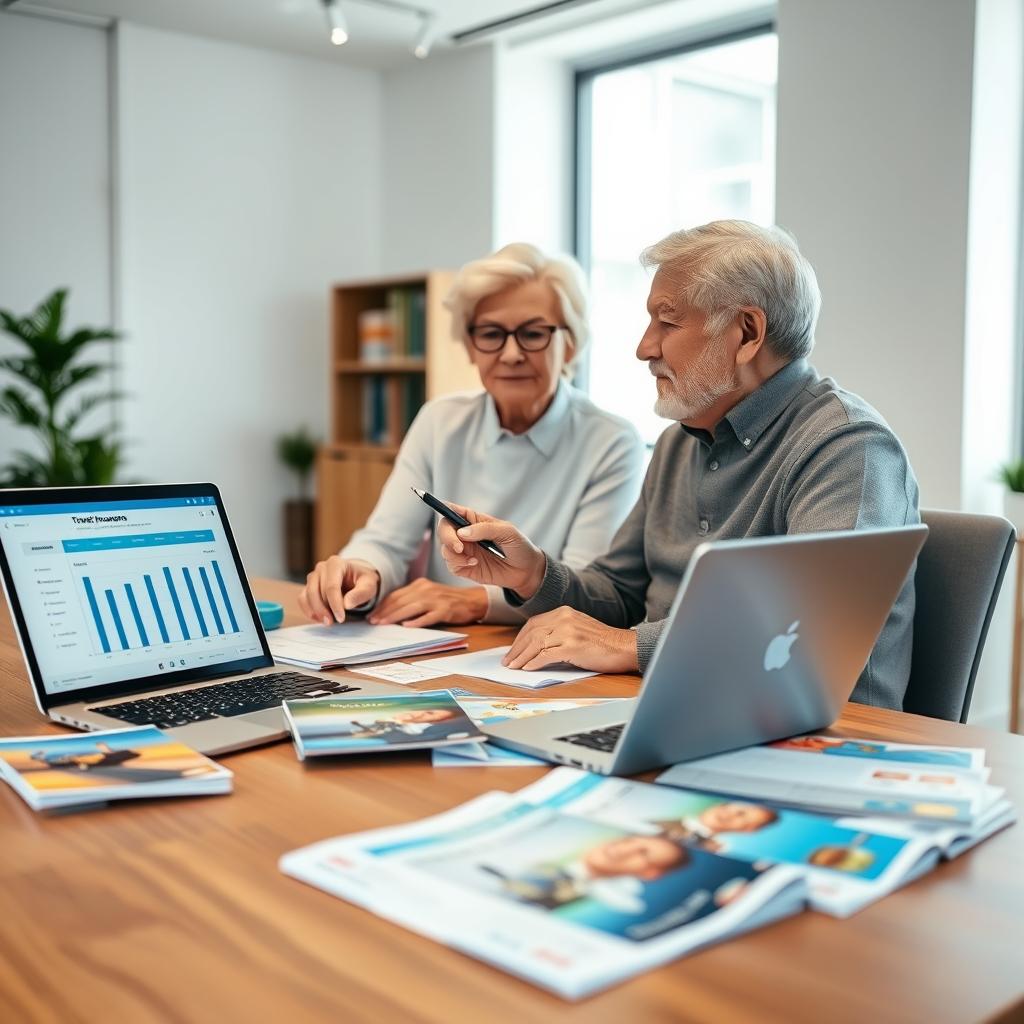 A senior couple discussing travel insurance options at a modern desk, surrounded by travel brochures and a laptop displaying comparison charts. The foreground features a wooden desk with paperwork and colorful brochures neatly arranged, radiating an organized feel. In the middle ground, the couple appears engaged in conversation, with one holding a pen and the other pointing at the screen, conveying collaboration. The background shows a well-lit office environment with soft natural light streaming through a window, creating an inviting atmosphere. The mood is professional yet friendly, reflecting trust and companionship. Use a slightly elevated angle to capture the perspective of the discussion while maintaining focus on the couple and their work.