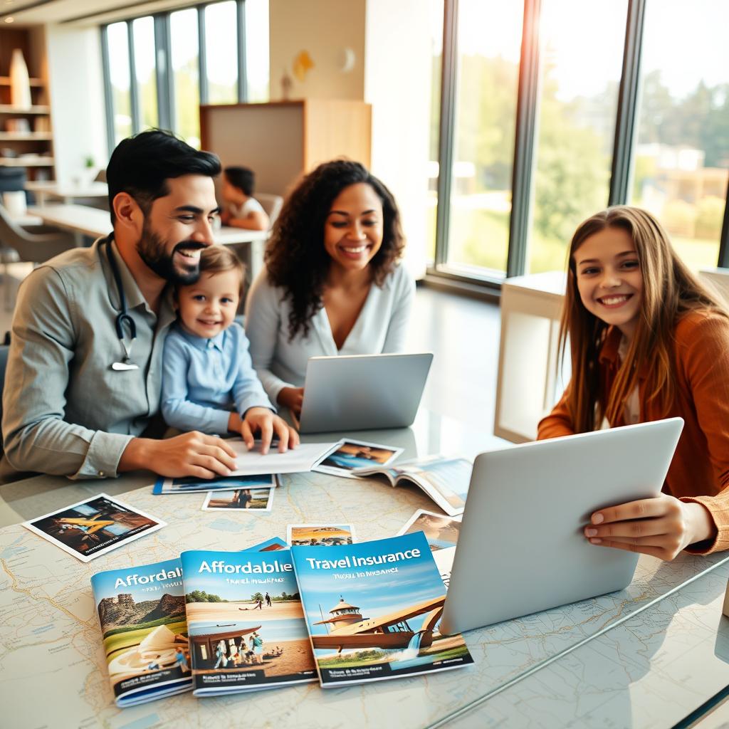 A serene family scene in a travel agency setting, showcasing a diverse family of four—parents and two children—sitting around a table covered with travel brochures and maps. The adults wear smart casual clothing, and the children are dressed in comfortable travel attire. In the foreground, a joyful atmosphere emanates from the family's expressions as they discuss various affordable travel insurance options. The middle ground features colorful travel brochures titled "Affordable Travel Insurance" with images of various destinations, while a friendly travel agent assists them with a laptop open nearby. In the background, a bright, welcoming office space with large windows flooding in warm sunlight creates a sense of optimism and adventure. The overall mood is positive and reassuring, emphasizing the importance of family safety while traveling.