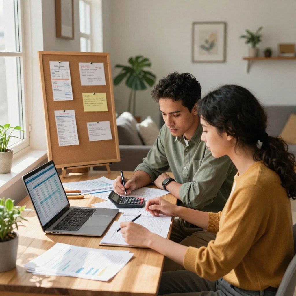 A serene home office scene showcasing a family managing their budget. In the foreground, a diverse couple, dressed in smart-casual attire, sits at a wooden desk covered with financial documents, a laptop open with budgeting software visible on the screen. They appear engaged and focused, calculating expenses with a calculator. In the middle ground, a corkboard is pinned with receipts and important financial notes. The background features a cozy living room with soft lighting, emphasizing a warm, inviting atmosphere. A few houseplants add a touch of greenery. The scene is captured from a slight angle to provide depth, with natural light streaming through a window, casting gentle shadows, conveying a mood of collaboration and financial planning. A serene home office scene showcasing a family managing their budget. In the foreground, a diverse couple, dressed in smart-casual attire, sits at a wooden desk covered with financial documents, a laptop open with budgeting software visible on the screen. They appear engaged and focused, calculating expenses with a calculator. In the middle ground, a corkboard is pinned with receipts and important financial notes. The background features a cozy living room with soft lighting, emphasizing a warm, inviting atmosphere. A few houseplants add a touch of greenery. The scene is captured from a slight angle to provide depth, with natural light streaming through a window, casting gentle shadows, conveying a mood of collaboration and financial planning.