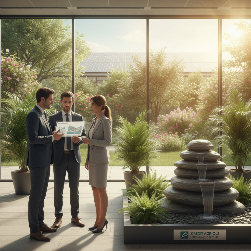 A serene, modern office setting with a large window overlooking lush greenery and solar panels on the roof. In the foreground, a diverse group of three professionals—two men and one woman—dressed in smart business attire, engaged in a discussion while reviewing eco-friendly project plans on a digital tablet. The middle ground features indoor plants and a water feature, emphasizing sustainability. The background shows the vibrant garden outside, bathed in natural sunlight, creating a bright and inviting atmosphere. The lighting is soft and warm, with a slight lens flare from the sun. The overall mood is inspirational and forward-thinking, capturing the essence of Crédit Agricole's commitment to sustainable initiatives. A serene, modern office setting with a large window overlooking lush greenery and solar panels on the roof. In the foreground, a diverse group of three professionals—two men and one woman—dressed in smart business attire, engaged in a discussion while reviewing eco-friendly project plans on a digital tablet. The middle ground features indoor plants and a water feature, emphasizing sustainability. The background shows the vibrant garden outside, bathed in natural sunlight, creating a bright and inviting atmosphere. The lighting is soft and warm, with a slight lens flare from the sun. The overall mood is inspirational and forward-thinking, capturing the essence of Crédit Agricole's commitment to sustainable initiatives.