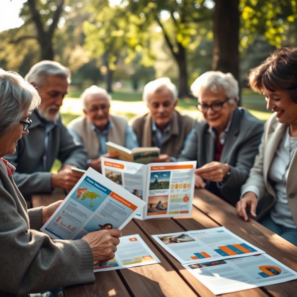 A serene outdoor setting depicting a diverse group of seniors, aged between 60-75, sitting at a picnic table surrounded by nature. They are looking at various brochures and documents regarding travel insurance offers, showcasing a mix of expressions indicating thoughtful consideration. In the foreground, a close-up focus on colorful brochures with easy-to-read infographics and images of destinations. In the middle ground, the elderly individuals, dressed in smart casual attire, exhibit camaraderie as they compare the documents together. The background features a tranquil park scene with soft sunlight filtering through leaves, creating a warm and inviting atmosphere. The overall mood is one of safety, security, and informed decision-making. The lighting is soft and natural, reminiscent of a late afternoon.