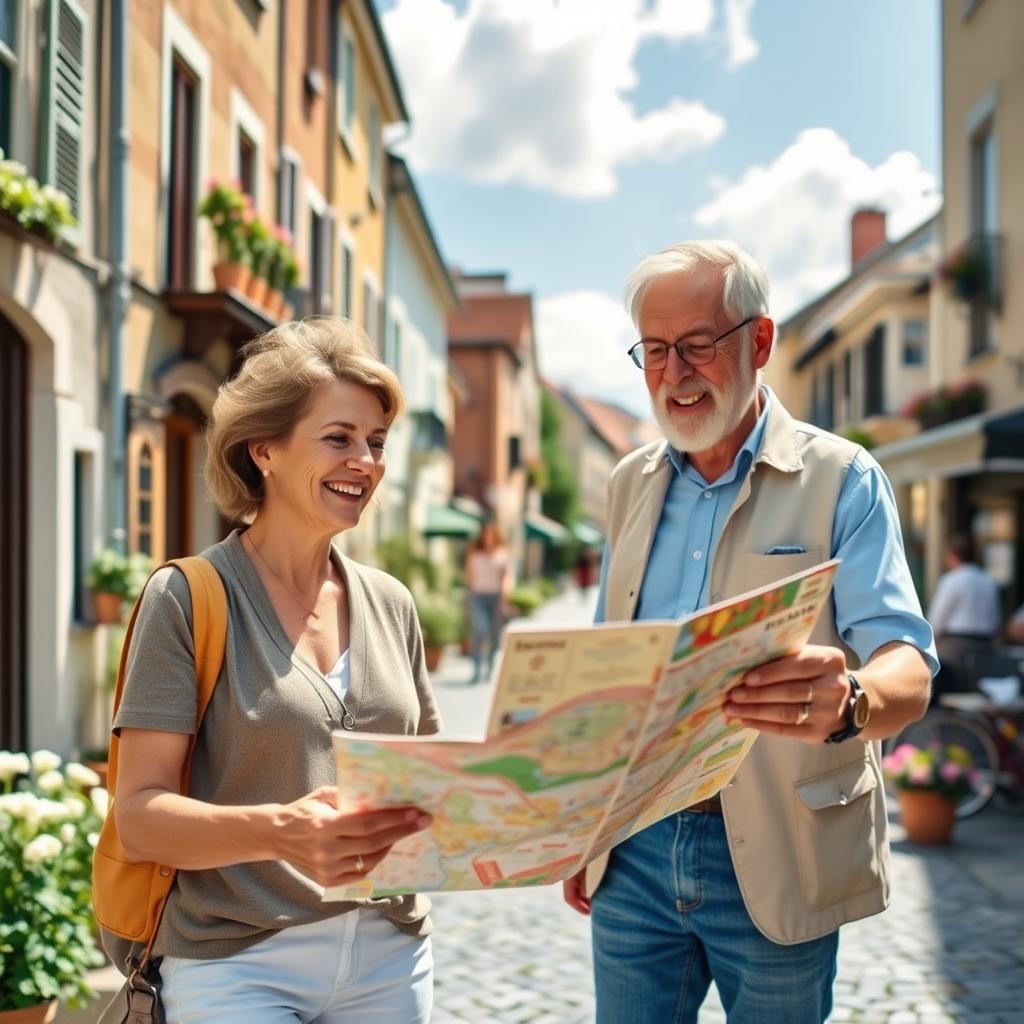 A serene travel scene featuring a mature couple in their 60s, dressed in smart casual clothing, happily exploring a picturesque European village. In the foreground, they are examining a colorful map, with expressions of joy and curiosity. The middle ground showcases charming cobblestone streets lined with quaint cafés and boutique shops, while blooming flowers add vibrancy. The background features a sunny sky, with soft clouds drifting lazily, enhancing the relaxed atmosphere. Natural sunlight bathes the scene, casting gentle shadows, and capturing a sense of warmth and security. The overall mood conveys the benefits of travel insurance for seniors, emphasizing peace of mind during their adventures, and the importance of protecting their experiences.