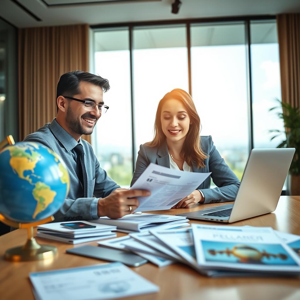 A serene travel scene set in a modern office environment emphasizing the concept of last-minute travel insurance. In the foreground, a professional-looking person in business attire sits at a desk, examining travel documents and a laptop, with a look of satisfaction and peace of mind. The middle layer features various travel-related items such as a globe, boarding passes, and insurance brochures neatly organized. In the background, large windows show a sunny day outside, hinting at a destination filled with adventure and relaxation. The lighting is warm and inviting, creating a hopeful and reassuring atmosphere. The angle is slightly elevated, capturing the desk and background in full view, while focusing on the individual’s calm expression, emphasizing the message of being prepared and secure for last-minute travel.