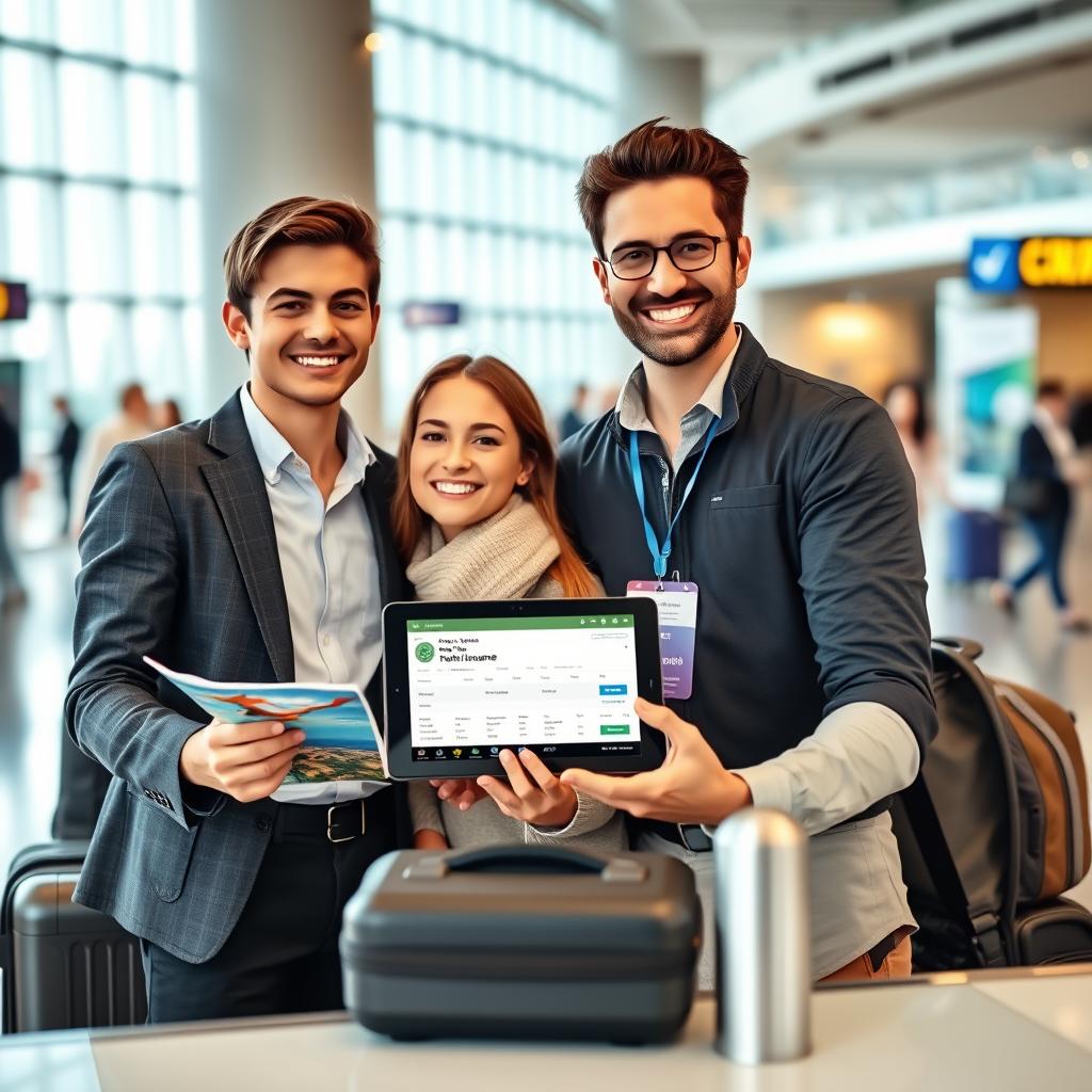 A serene travel scene showcasing a joyful young couple in professional casual attire, standing at an airport check-in desk with their luggage. The foreground captures the couple smiling, surrounded by travel brochures and a map, symbolizing spontaneity and adventure. In the middle ground, a friendly travel agent assists them, displaying a tablet with a booking confirmation for last-minute travel insurance. The background features a bustling airport ambiance with modern architecture, large windows letting in soft natural light, and fellow travelers in the distance. The atmosphere is upbeat and optimistic, suggesting peace of mind and readiness for their last-minute getaway. The image should evoke feelings of security and excitement for travelers.