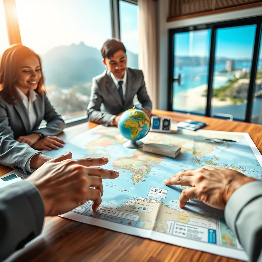 A serene travel-themed scene showcasing a diverse group of three individuals in professional business attire, gathered around a large map spread on a wooden table. The foreground features a close-up of hands pointing at various destinations, emphasizing the idea of choosing long-term travel insurance. In the middle ground, a soft-focus globe and travel brochures hint at various travel options. The background includes an inviting window view of scenic landscapes like mountains and beaches, bathed in warm sunlight, creating a sense of adventure and security. The atmosphere is calm and focused, with a blend of natural light streaming in, encouraging the viewer to feel empowered in their travel decisions. Capture this moment in a medium depth of field, with a soft bokeh to emphasize the foreground details. A serene travel-themed scene showcasing a diverse group of three individuals in professional business attire, gathered around a large map spread on a wooden table. The foreground features a close-up of hands pointing at various destinations, emphasizing the idea of choosing long-term travel insurance. In the middle ground, a soft-focus globe and travel brochures hint at various travel options. The background includes an inviting window view of scenic landscapes like mountains and beaches, bathed in warm sunlight, creating a sense of adventure and security. The atmosphere is calm and focused, with a blend of natural light streaming in, encouraging the viewer to feel empowered in their travel decisions. Capture this moment in a medium depth of field, with a soft bokeh to emphasize the foreground details.