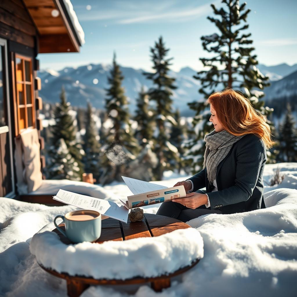 A serene winter landscape featuring a cozy cabin nestled in snow-covered hills. In the foreground, a well-dressed professional man and woman are having a thoughtful conversation, comparing insurance brochures laid out on a small wooden table, with a steaming cup of hot cocoa beside them. Snowflakes gently fall around them, while the warm glow from the cabin’s windows casts a welcoming light. In the middle ground, tall pine trees are dusted with snow, enhancing the winter atmosphere. The background reveals distant mountains under a clear blue sky. The scene is infused with a sense of security and warmth amidst the winter cold, creating an inviting yet professional mood. Soft, natural lighting highlights the tranquil environment.