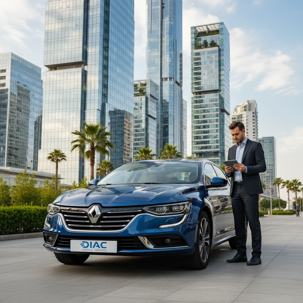 A sleek Renault car parked outside a modern office building symbolizing the Diac leasing service. In the foreground, the vehicle gleams under soft sunlight, showcasing its elegant design. The middle ground features a professional-looking individual in business attire, standing beside the car, examining leasing documents. The background reveals a contemporary urban skyline with glass architecture and greenery, suggesting a financial hub. The scene is captured from a slight low angle to emphasize the height of the buildings and the vehicle's sleekness. The lighting is bright yet soft, creating a welcoming and professional atmosphere, ideal for illustrating business financing concepts.