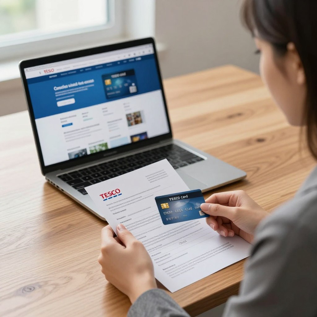 A sleek and modern workspace featuring a professional young woman in smart attire, sitting at a polished wooden desk, reviewing information about the Tesco credit card. The foreground shows a close-up of her hands holding a credit card application form, filled out neatly. In the background, a laptop displays the Tesco website, highlighting the credit card features. Soft, natural lighting filters through a nearby window, creating a warm and inviting atmosphere. The scene conveys a sense of organization and professionalism, inviting curiosity about the Tesco credit card application process. The camera angle is slightly elevated, focusing on the applicant while softening the background elements for clarity. No text or logos are present in the image.