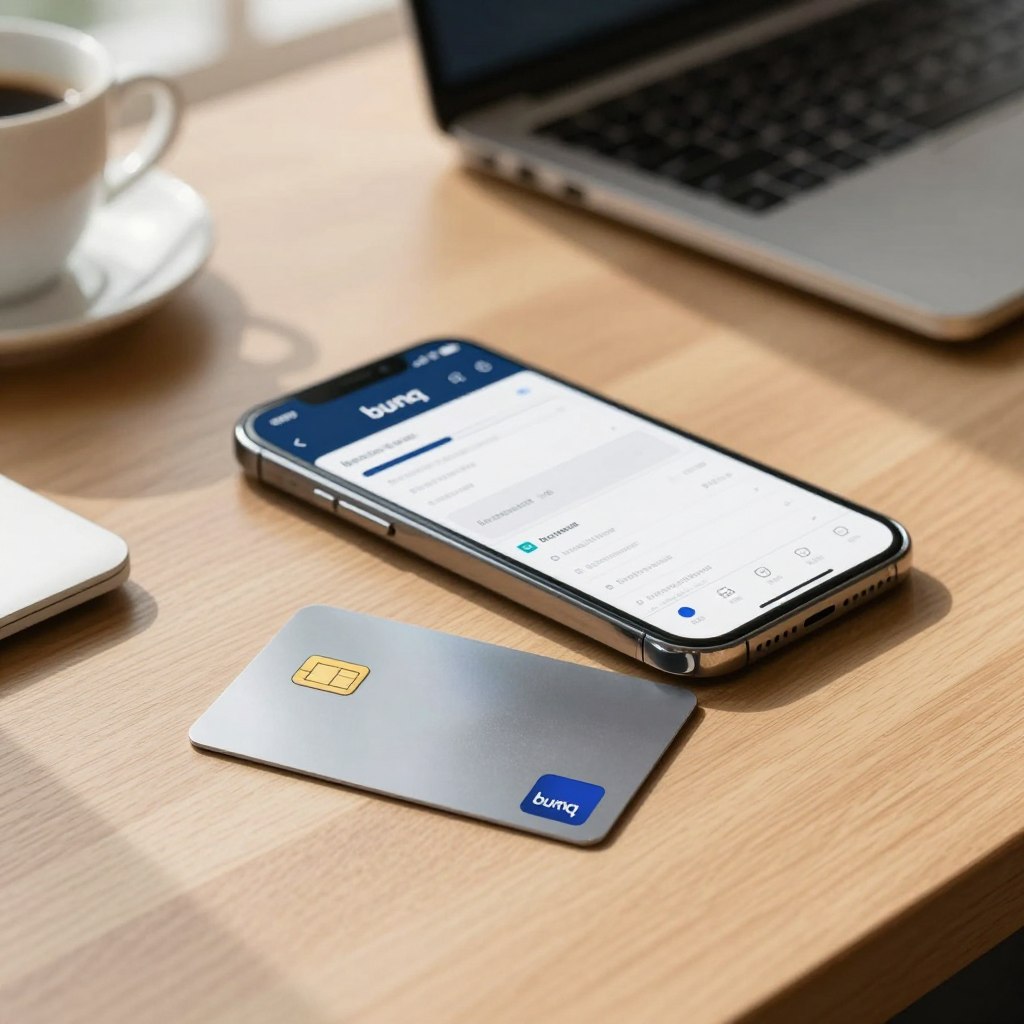A sleek bunq credit card prominently displayed in the foreground, resting on a minimalist wooden desk. The credit card exhibits a modern design with a shiny finish and the bunq logo. In the middle ground, a smartphone displaying the bunq app with a clear interface, showcasing financial features like budgeting tools and transaction insights. Soft, natural light filters through a nearby window, casting gentle shadows and creating a warm ambiance. In the background, a blurred coffee cup and an organized workspace hint at productivity and financial management. The mood is professional yet inviting, embodying convenience and innovation in banking.