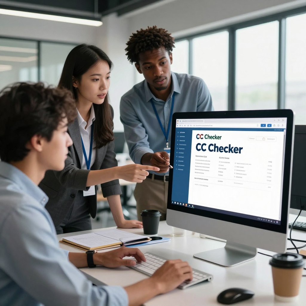 A sleek, modern office workspace with a focus on a stylish computer screen displaying a vibrant CC Checker interface. In the foreground, a diverse group of three professionals—one Black man and two women, one Hispanic and one Asian, all in smart business attire—are actively discussing the results displayed on the screen, showcasing expressions of concentration and insight. The middle ground features a well-organized desk cluttered with work materials, including a notepad, laptop, and coffee cup. In the background, large windows let in soft, natural light, illuminating the space and enhancing the professional atmosphere. The mood is one of collaboration and technological proficiency, emphasizing the importance of verifying credit cards in a business context. The angle captures a dynamic perspective, inviting the viewer into the scene.