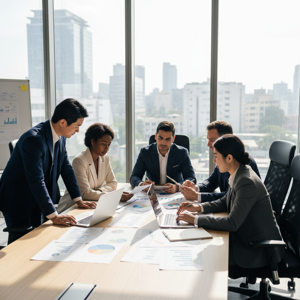 A team of expert financiers engaged in a dynamic discussion around a large conference table filled with financial charts, graphs, and laptops. In the foreground, two Asian professionals in tailored suits deeply analyzing a colorful pie chart displayed on a laptop, their expressions focused and collaborative. In the middle ground, a diverse group of three other experts, including a Black woman and a Hispanic man, are reviewing documents and taking notes, exuding an atmosphere of teamwork and expertise. The background features a modern office setting with large windows allowing natural light to flood in, casting soft shadows that add depth to the scene. The mood is serious yet dynamic, emphasizing collaboration and professionalism in financial planning. The composition is shot with a slightly elevated angle to showcase the group and their activities cohesively.