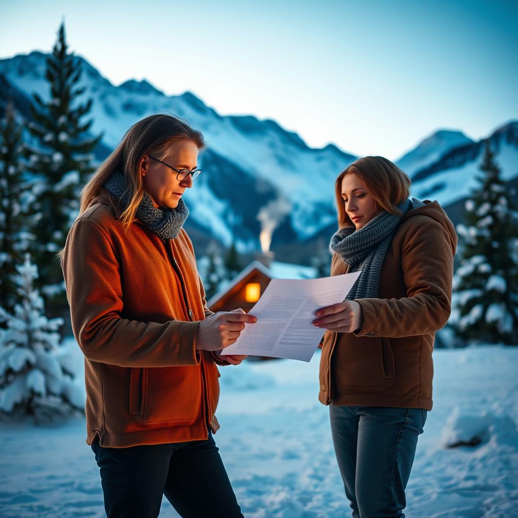A tranquil winter landscape showcasing a snowy scene, where a professional-looking couple reviews an assurance contract together in the foreground. They are dressed in warm, business-casual attire, expressing focus and concern as they examine the document closely. In the middle ground, a cozy mountain lodge is visible, with smoke gently rising from the chimney, illuminated by soft, warm light. Snow-covered pine trees surround the area, enhancing the winter atmosphere. The background features majestic snow-capped mountains under a clear blue sky, creating a serene yet cautious mood. The lighting highlights the warmth of the couple's interaction against the chill of the winter landscape, capturing the essence of careful consideration in holiday insurance.