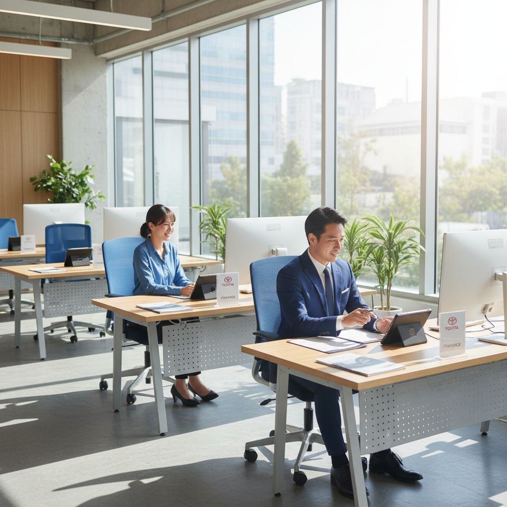 A vibrant and inviting Toyota finance customer service space, showcasing a modern office designed for client interactions. In the foreground, a professional consultant in smart business attire is engaging with a satisfied customer, both smiling and discussing financing options. The middle ground displays sleek desks equipped with tablets and financial brochures, while the background features a large window allowing natural light to flood the room, creating a warm ambiance. Soft shadows enhance the inviting atmosphere. Use a wide-angle lens to capture the open layout, ensuring a sense of professionalism and approachability. The mood conveys trust, satisfaction, and optimism, reflecting positive experiences in car financing.