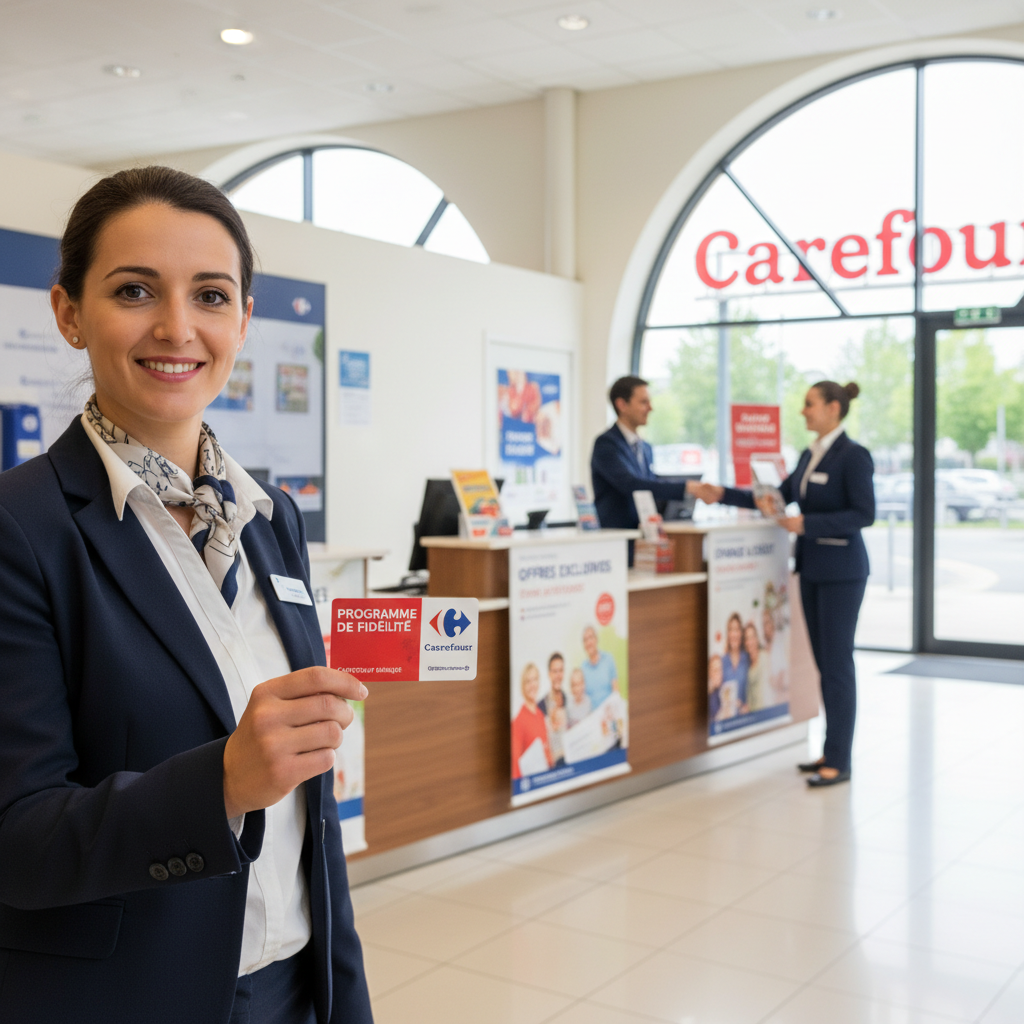 A vibrant and inviting scene depicting the "Programme de fidélité Carrefour Banque." In the foreground, a professional woman in smart business attire holds a loyalty card with the Carrefour logo prominently displayed. In the middle ground, a well-organized bank counter features a welcoming atmosphere, with banners showcasing financial offers and smiling staff ready to assist customers. The background includes modern, sleek architecture of a Carrefour Banque branch, with large windows letting in soft, natural daylight that creates a warm ambiance. The overall mood is friendly and reassuring, highlighting trust and accessibility in banking services. Use a slight depth of field to focus on the woman and the card while softly blurring the background to emphasize the loyalty program's importance. A vibrant and inviting scene depicting the "Programme de fidélité Carrefour Banque." In the foreground, a professional woman in smart business attire holds a loyalty card with the Carrefour logo prominently displayed. In the middle ground, a well-organized bank counter features a welcoming atmosphere, with banners showcasing financial offers and smiling staff ready to assist customers. The background includes modern, sleek architecture of a Carrefour Banque branch, with large windows letting in soft, natural daylight that creates a warm ambiance. The overall mood is friendly and reassuring, highlighting trust and accessibility in banking services. Use a slight depth of field to focus on the woman and the card while softly blurring the background to emphasize the loyalty program's importance.