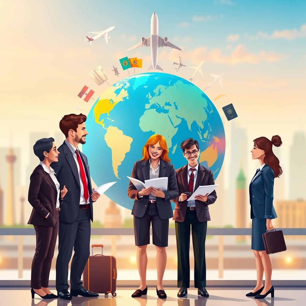 A vibrant illustration depicting a multinational travel insurance theme. In the foreground, show a diverse group of three professionals in business attire, engaged in a discussion, perhaps analyzing documents related to travel insurance. The middle layer features a globe with highlighted countries, symbolizing global travel, surrounded by travel-related icons like an airplane, passport, and suitcase. The background displays a softly blurred skyline of famous global landmarks, conveying international travel. Use warm, inviting lighting to create a reassuring atmosphere, with a slight focus on the professionals to denote importance. The angle should be slightly elevated, giving an overview of this collaborative dialogue on long-term travel insurance. A vibrant illustration depicting a multinational travel insurance theme. In the foreground, show a diverse group of three professionals in business attire, engaged in a discussion, perhaps analyzing documents related to travel insurance. The middle layer features a globe with highlighted countries, symbolizing global travel, surrounded by travel-related icons like an airplane, passport, and suitcase. The background displays a softly blurred skyline of famous global landmarks, conveying international travel. Use warm, inviting lighting to create a reassuring atmosphere, with a slight focus on the professionals to denote importance. The angle should be slightly elevated, giving an overview of this collaborative dialogue on long-term travel insurance.