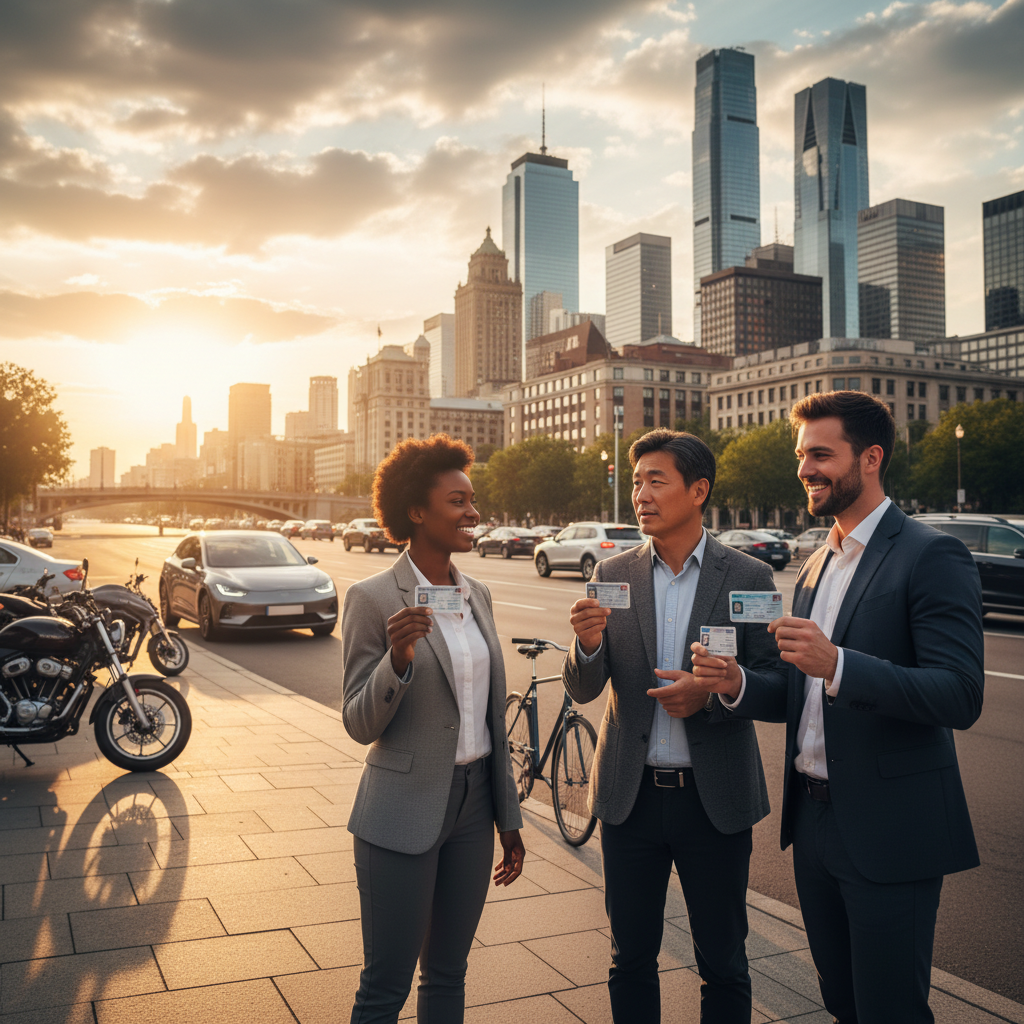 A vibrant, inviting scene showcasing the advantages of obtaining a driver's license. In the foreground, a diverse group of three individuals in professional attire, engaged in a discussion, each holding a driver's license. The middle ground highlights a sunny street with various vehicles parked, symbolizing independence and mobility. In the background, a scenic city skyline represents opportunities and freedom that come with having a driver's license. The lighting is warm and uplifting, creating a hopeful atmosphere. Use a wide-angle lens to capture the lively urban setting, emphasizing the connectivity and exciting prospects that accompany gaining a driver's license. The overall mood is motivational and inspiring. A vibrant, inviting scene showcasing the advantages of obtaining a driver's license. In the foreground, a diverse group of three individuals in professional attire, engaged in a discussion, each holding a driver's license. The middle ground highlights a sunny street with various vehicles parked, symbolizing independence and mobility. In the background, a scenic city skyline represents opportunities and freedom that come with having a driver's license. The lighting is warm and uplifting, creating a hopeful atmosphere. Use a wide-angle lens to capture the lively urban setting, emphasizing the connectivity and exciting prospects that accompany gaining a driver's license. The overall mood is motivational and inspiring.