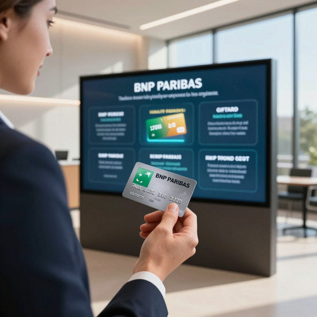 A visually appealing scene showcasing the BNP Paribas loyalty program. In the foreground, a professional business person in stylish attire is holding a sleek, modern credit card with the BNP Paribas logo prominently displayed. In the middle ground, a digital display illustrates various attractive loyalty rewards, such as gift cards and travel offers, with subtle glowing effects to emphasize their desirability. The background features a modern, sophisticated bank environment with soft lighting, highlighted by large windows letting in natural sunlight, casting gentle shadows. The overall atmosphere is vibrant yet professional, inviting viewers to explore the benefits of BNP Paribas loyalty programs without any text or distractions. A visually appealing scene showcasing the BNP Paribas loyalty program. In the foreground, a professional business person in stylish attire is holding a sleek, modern credit card with the BNP Paribas logo prominently displayed. In the middle ground, a digital display illustrates various attractive loyalty rewards, such as gift cards and travel offers, with subtle glowing effects to emphasize their desirability. The background features a modern, sophisticated bank environment with soft lighting, highlighted by large windows letting in natural sunlight, casting gentle shadows. The overall atmosphere is vibrant yet professional, inviting viewers to explore the benefits of BNP Paribas loyalty programs without any text or distractions.