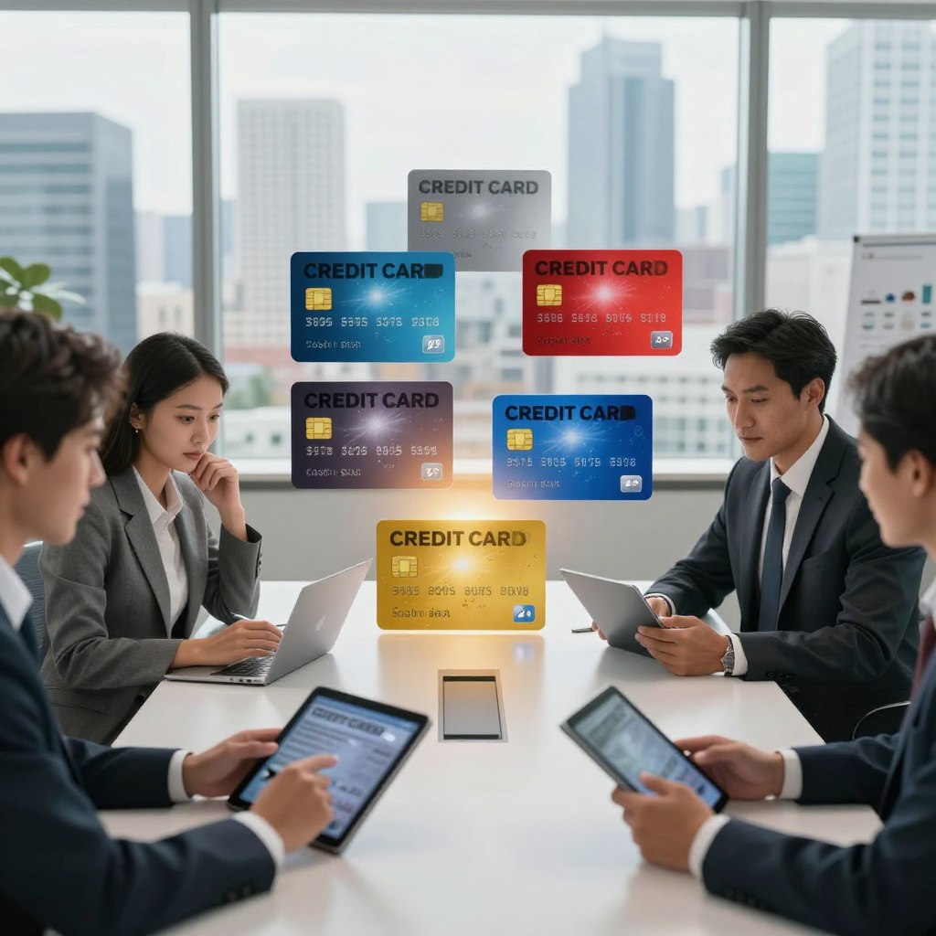 A visually compelling scene illustrating the advantages of credit cards. In the foreground, depict a diverse group of professionals in business attire engaging around a sleek conference table, analyzing credit card benefits on digital tablets. The middle ground should feature an organized display of various credit cards showcasing their features, like rewards points and cashback icons, illuminated softly to highlight their appeal. In the background, large windows reveal a modern city skyline, suggesting the bustling world of finance outside. The lighting is bright and inviting, creating a positive and energetic atmosphere. A subtle depth of field effect keeps the focus on the professionals and the cards, emphasizing the informative nature of the scene while maintaining a polished and professional ambiance. A visually compelling scene illustrating the advantages of credit cards. In the foreground, depict a diverse group of professionals in business attire engaging around a sleek conference table, analyzing credit card benefits on digital tablets. The middle ground should feature an organized display of various credit cards showcasing their features, like rewards points and cashback icons, illuminated softly to highlight their appeal. In the background, large windows reveal a modern city skyline, suggesting the bustling world of finance outside. The lighting is bright and inviting, creating a positive and energetic atmosphere. A subtle depth of field effect keeps the focus on the professionals and the cards, emphasizing the informative nature of the scene while maintaining a polished and professional ambiance.