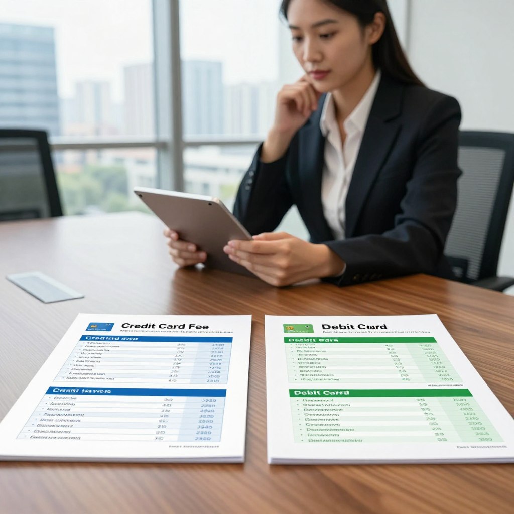 A visually engaging comparison of credit and debit card fees, set in a professional office environment. In the foreground, a sleek wooden conference table displays two neatly arranged financial reports side by side, with one report detailing credit card fees in blue tones and the other showcasing debit card fees in green. In the middle, a well-dressed businesswoman with a thoughtful expression examines the reports, holding a digital tablet. The background features a large window with cityscape views, allowing natural light to flow in, creating a bright and inviting atmosphere. The lens perspective captures the table and reports clearly, emphasizing the comparison's importance, with a soft focus on the city outside, suggesting a bustling financial world.