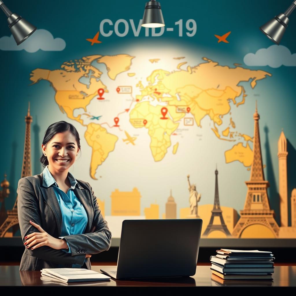 A visually engaging composition illustrating "COVID-19 Travel Insurance." In the foreground, a confident travel agent wearing professional business attire stands at a desk with a laptop open, surrounded by brochures about different travel insurance types. In the middle ground, a large map of the world is displayed, with various arrows and markers indicating travel routes and potential risks. The background features iconic landmarks like the Eiffel Tower and the Statue of Liberty, subtly hinting at various travel destinations. The lighting is bright and inviting, creating a sense of optimism and security; soft shadows add depth. The overall atmosphere conveys trust and reassurance, emphasizing the importance of COVID-19 travel insurance in today's travel landscape. A visually engaging composition illustrating "COVID-19 Travel Insurance." In the foreground, a confident travel agent wearing professional business attire stands at a desk with a laptop open, surrounded by brochures about different travel insurance types. In the middle ground, a large map of the world is displayed, with various arrows and markers indicating travel routes and potential risks. The background features iconic landmarks like the Eiffel Tower and the Statue of Liberty, subtly hinting at various travel destinations. The lighting is bright and inviting, creating a sense of optimism and security; soft shadows add depth. The overall atmosphere conveys trust and reassurance, emphasizing the importance of COVID-19 travel insurance in today's travel landscape.