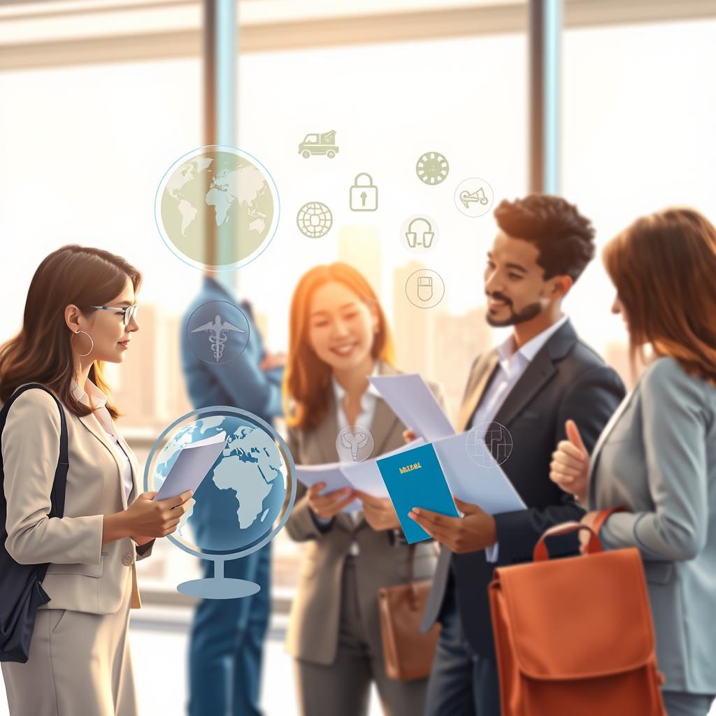 A visually engaging illustration depicting a travel insurance concept related to COVID-19. In the foreground, showcase a diverse group of four professional people in business attire, examining documents and discussing travel plans in a bright, modern office setting. In the middle, display images of travel essentials such as a globe, a passport, and various medical symbols representing health coverage. In the background, incorporate a large window showing a city skyline, bathed in natural daylight to evoke a sense of hope and safety. The atmosphere should be focused and reassuring, emphasizing preparedness and protection against uncertainties of travel during the pandemic. Use soft, warm lighting to create an inviting ambiance and capture a slight depth of field for a professional look. A visually engaging illustration depicting a travel insurance concept related to COVID-19. In the foreground, showcase a diverse group of four professional people in business attire, examining documents and discussing travel plans in a bright, modern office setting. In the middle, display images of travel essentials such as a globe, a passport, and various medical symbols representing health coverage. In the background, incorporate a large window showing a city skyline, bathed in natural daylight to evoke a sense of hope and safety. The atmosphere should be focused and reassuring, emphasizing preparedness and protection against uncertainties of travel during the pandemic. Use soft, warm lighting to create an inviting ambiance and capture a slight depth of field for a professional look.