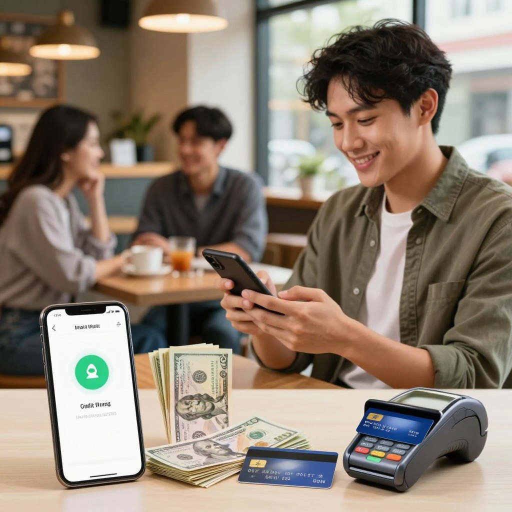 A visually engaging scene depicting alternatives to credit cards. In the foreground, showcase a diverse collection of payment methods: a smartphone displaying a digital wallet, a stack of cash, a debit card, and a contactless payment device. In the middle ground, a modern young professional in smart casual attire interacts with a digital payment app on their phone, smiling while discussing with a colleague. The background features a softly blurred café setting with people engaged in conversations, warm lighting filtering through the windows. The atmosphere is vibrant yet professional, emphasizing convenience and modernity in financial transactions. A focus on innovation and accessibility is conveyed through the use of technology, with a gentle depth of field to highlight the foreground elements.