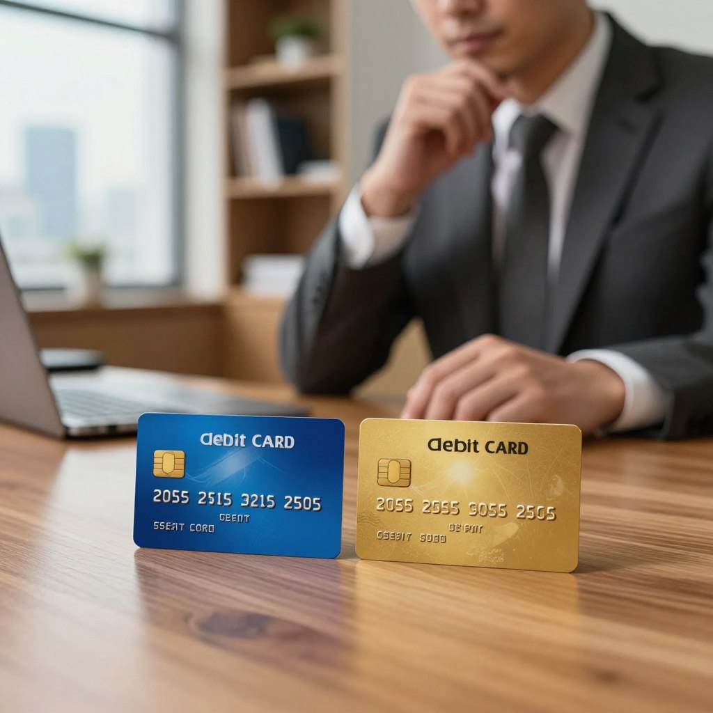 A visually engaging scene depicting the choice between a debit card and a credit card. In the foreground, two cards are prominently displayed on a sleek wooden table, with one card labeled as a debit card in a vibrant blue design and the other as a credit card in an elegant gold finish. The middle ground features a person in professional business attire, thoughtfully considering the cards, with one hand resting on the table and the other touching their chin in contemplation. In the background, a softly lit modern office setting complements the scene, with blurred outlines of bookshelves and a window showcasing a city skyline. The lighting is warm and inviting, creating a mood of decision-making and financial wisdom. The angle is slightly above eye level, providing a clear view of the cards and the individual's expression. The atmosphere exudes a sense of professionalism and clarity in financial choices.