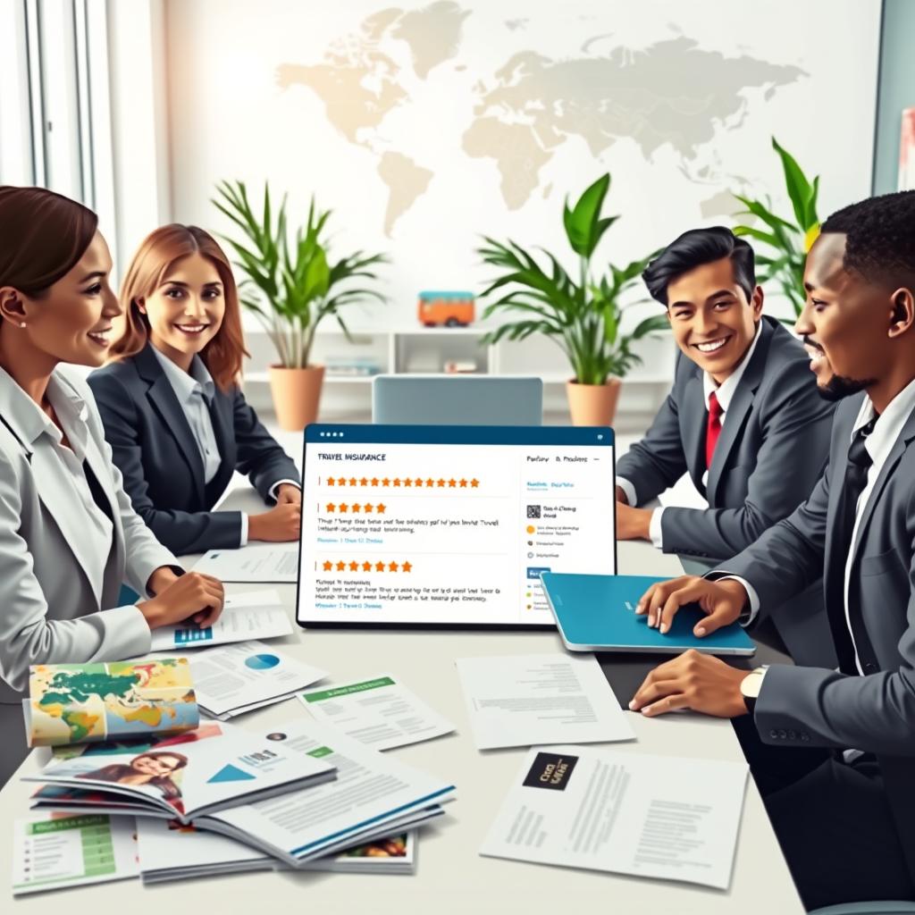 A visually engaging scene depicting the concept of "annual travel insurance opinions" for consumers. In the foreground, illustrate a diverse group of three professional adults—one woman and two men—sitting around a table covered with travel brochures, policy documents, and laptops, all dressed in smart business attire. The middle ground features an open laptop displaying a website with review stars and comments about various travel insurance policies. In the background, a bright, modern office environment with large windows letting in natural light, a world map on the wall, and potted plants enhance the atmosphere. The mood should be collaborative and informative, emphasizing trust and transparency in travel insurance. Use soft, professional lighting to highlight the faces of the individuals and the documents they are discussing.