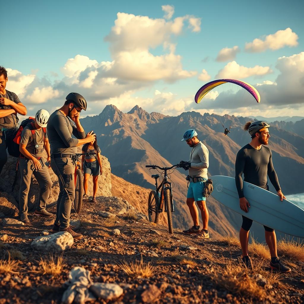 A visually striking image depicting an outdoor extreme sports scene focused on the theme of insurance exclusions. In the foreground, a group of four diverse individuals in modest sports attire is engaged in various extreme activities: a rock climber struggling with safety gear, a mountain biker inspecting their bike, a paragliding pilot reviewing conditions, and a surfer contemplating the waves. The middle ground features a rocky cliff and a gentle slope, while the background showcases a dramatic mountain landscape under a partly cloudy sky. The lighting is natural, with golden hour sunlight casting long shadows and enhancing the adventurous atmosphere. The angle captures the excitement and dangers of extreme sports, emphasizing themes of caution and risk assessment. The image should evoke a sense of enthusiasm and responsibility toward safety.