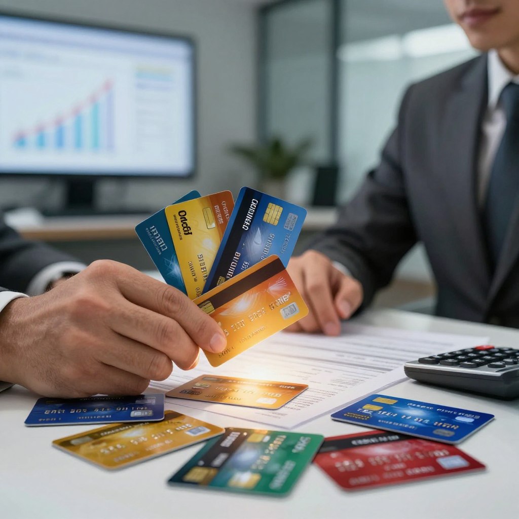 A visually striking representation of personal finance influenced by debit and credit cards. In the foreground, a professional businessperson in smart attire is analyzing financial documents at a sleek desk cluttered with cards and a calculator, illustrating the impact of these financial tools on budgeting. The middle layer features a vibrant array of colorful debit and credit cards, some partially visible above the desk surface, highlighting their importance in everyday transactions. In the background, a softly blurred modern office setting with financial graphs on a large screen, emphasizing the analytical aspect of personal finance. The lighting is warm and inviting, with a slight glow illuminating the cards, creating a mood of focus and empowerment, symbolizing financial management and decision-making.