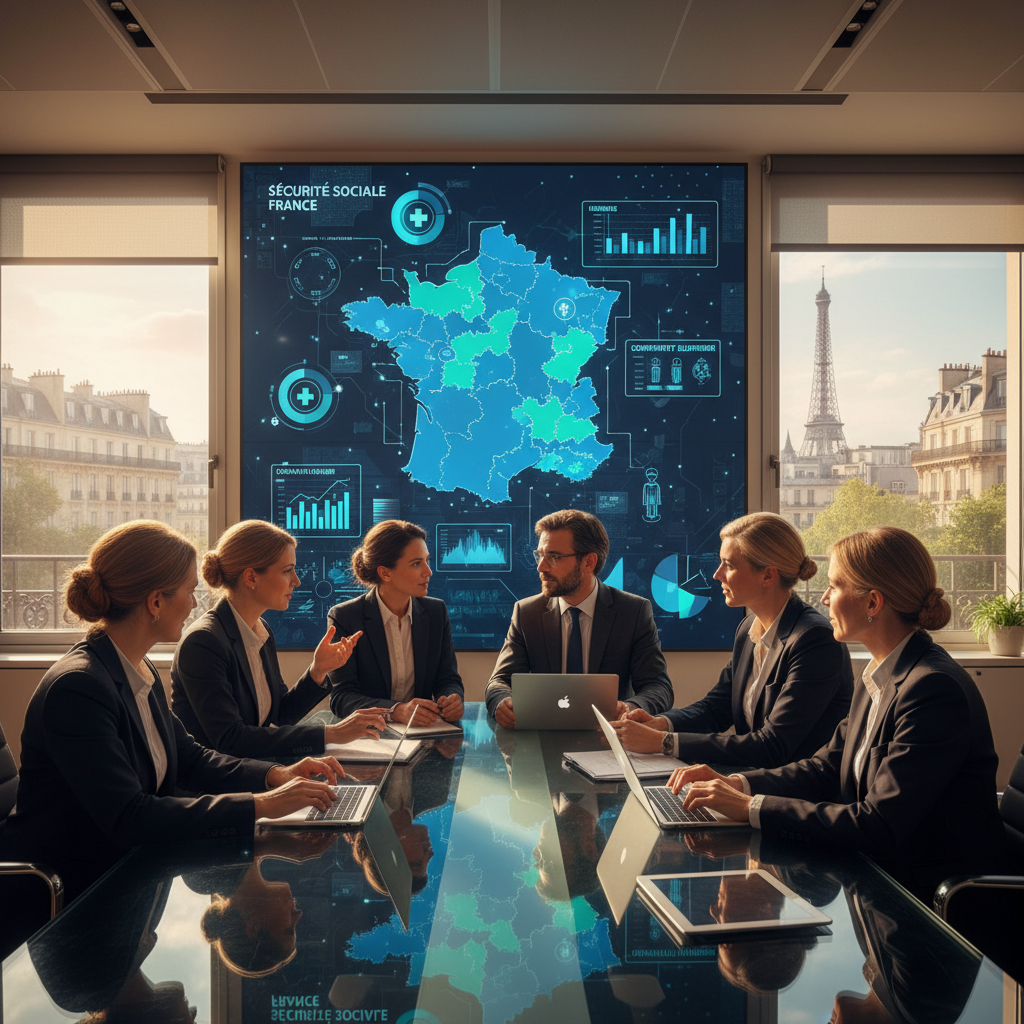 A visually striking representation of the French social security system, featuring a modern office setting in the foreground. Show a diverse group of professionals in smart business attire engaged in a discussion around a sleek conference table. In the middle ground, include a large, detailed map of France with highlighted regions indicating various aspects of the social security benefits, subtly blending with digital infographics. The background should have large windows showcasing a cityscape with recognizable French architecture, bathed in warm natural light that creates an inviting atmosphere. The angle should capture both the engaged professionals and the informative visuals, conveying a sense of collaboration and knowledge sharing, underlining the theme of comparison with social security systems in other countries.