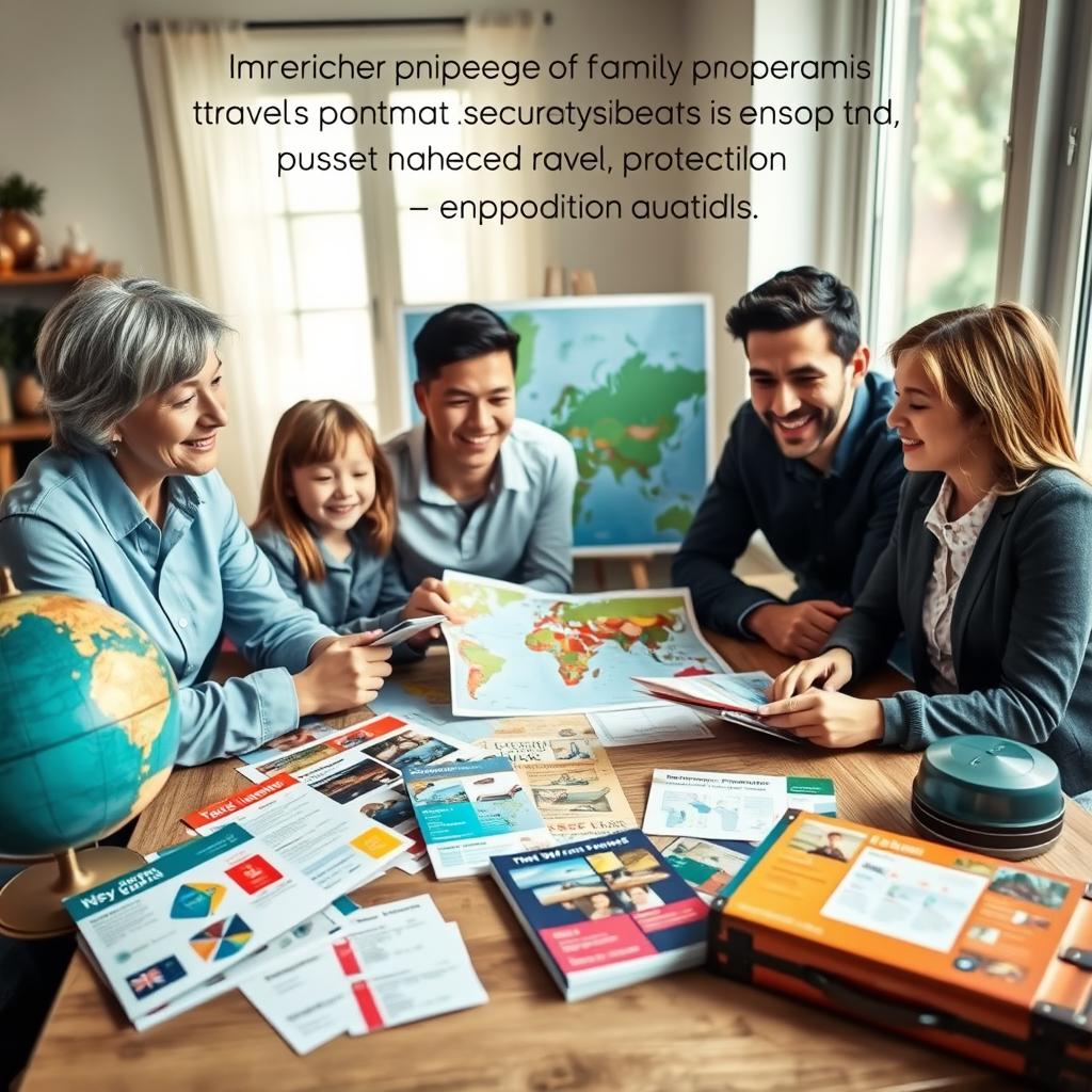 A warm and inviting family gathering around a travel-themed table, showcasing various travel insurance options visually represented as colorful brochures and documents spread across a table. In the foreground, a family of four—parents and two children—are seated together, looking at the brochures with engaged expressions, dressed in smart casual clothing. The middle ground features a world map and travel-related items like a globe and suitcases, symbolizing adventure and planning. In the background, soft natural light streams in through a window, creating a cheerful atmosphere. The overall mood is one of security and excitement about travel, emphasizing the importance of family protection while journeying.