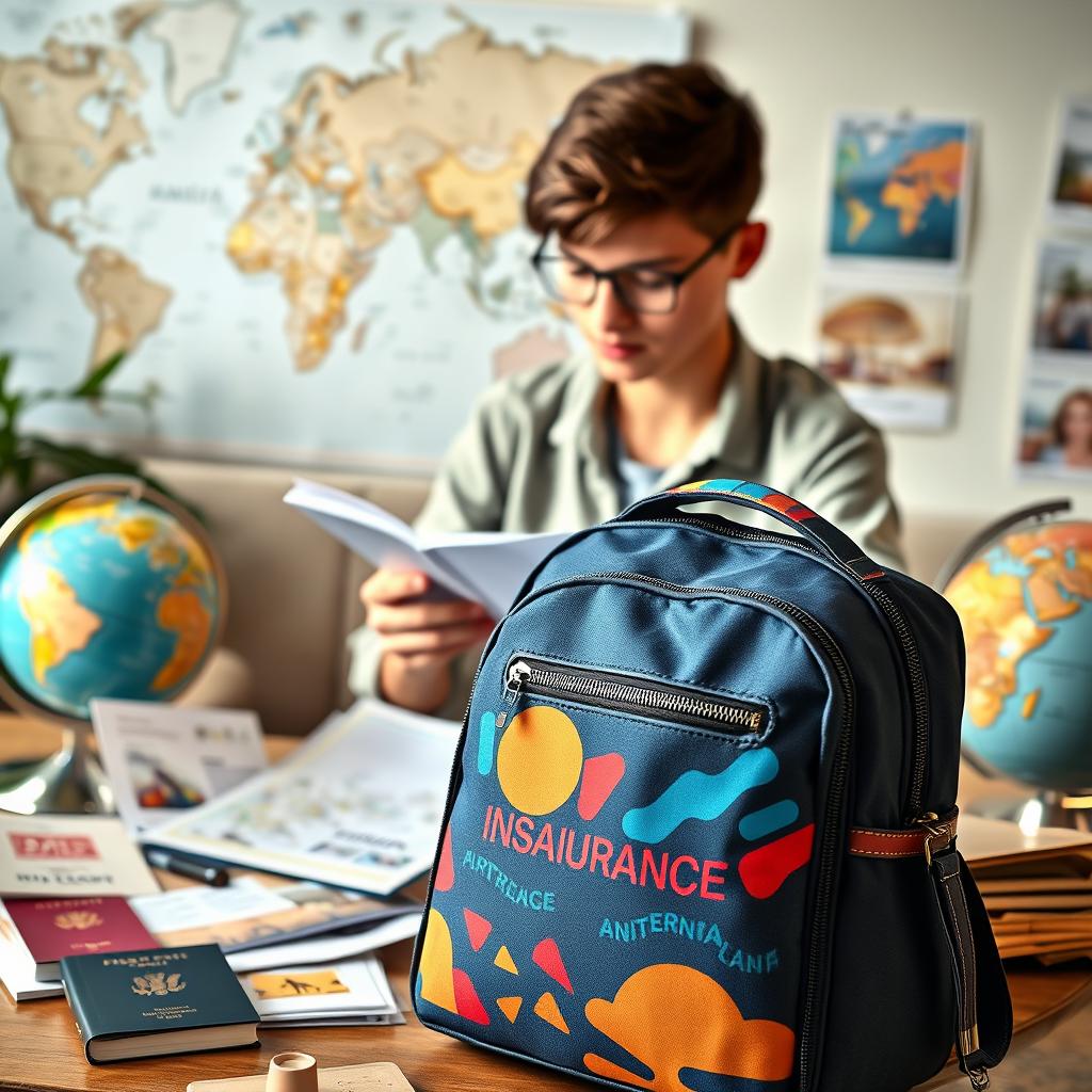 A well-designed student travel insurance bag prominently displayed in the foreground, featuring a stylish, vibrant design with a zippered top. Surrounding the bag are essential travel items like a passport, educational brochures, and a globe, symbolizing international study opportunities. In the middle ground, a soft-focus image of a young student in modest casual clothing examines travel plans, with a thoughtful expression, suggesting diligence in choosing the right travel insurance. The background showcases a softly lit travel-themed environment, including a wall map and visual travel guides, enhancing the atmosphere of preparation and adventure. The lighting is warm, creating a welcoming mood. Use a slight overhead angle to encapsulate all elements within the frame, emphasizing clarity and organization.