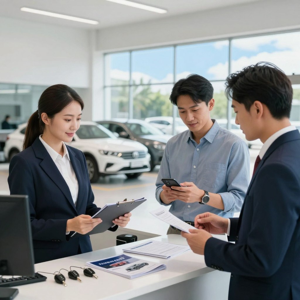 A well-lit, modern car rental office with a friendly employee in professional attire reviewing documents with a couple standing at the counter. In the foreground, a confident woman is holding a clipboard, while a man checks his smartphone. The middle depicts an organized counter displaying car keys and brochures, emphasizing the pre-rental checks. The background shows a sleek selection of cars visible through large windows, with a clear blue sky outside. The lighting is bright and inviting, creating a professional yet relaxed atmosphere. The angle is slightly elevated, capturing both the interactions at the counter and the display of cars, suggesting a successful rental experience.