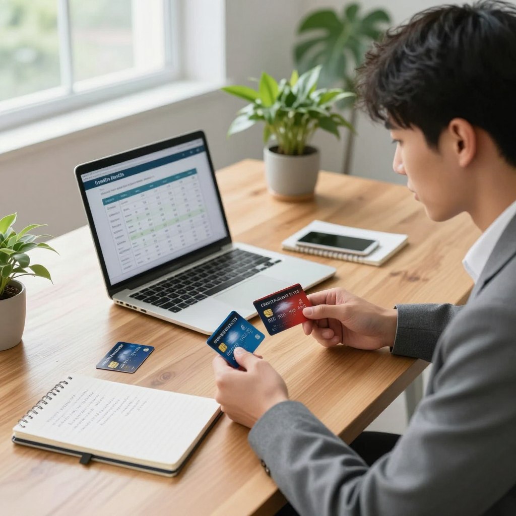 A well-lit, modern workspace showcasing a variety of credit and debit cards spread across a sleek wooden desk. In the foreground, a focused young professional in business attire is examining two cards intently, with a look of contemplation. The middle layer features a stylish laptop displaying a comparison chart of card benefits, and a notepad with handwritten notes scattered around. In the background, soft natural light filters through large windows, illuminating green potted plants and adding a refreshing atmosphere. The overall mood is one of careful consideration and decision-making, emphasizing the importance of choosing the right card based on personal needs. The angle captures both the subject and the desk details, creating an engaging and informative scene.