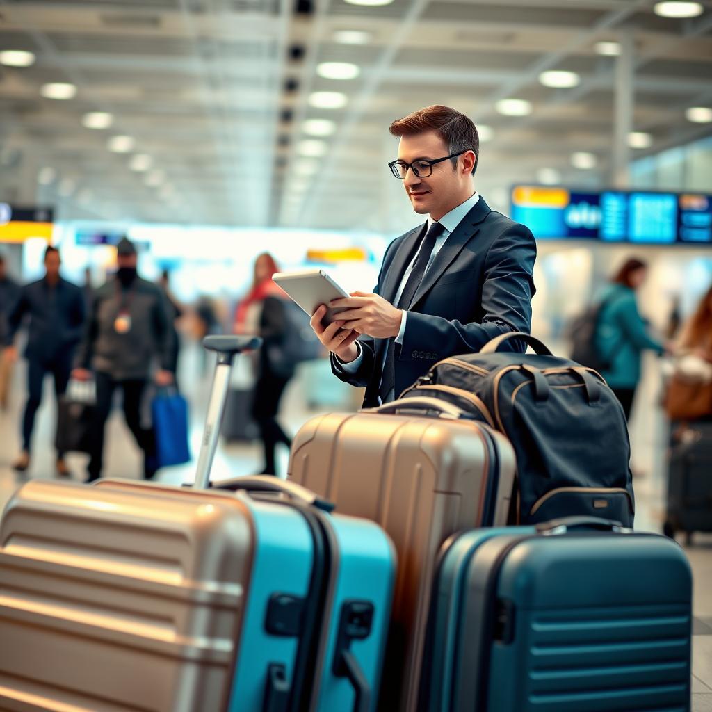 A well-organized travel scene showcasing a variety of luggage, emphasizing the concept of travel insurance. In the foreground, a sturdy, visually appealing suitcase and a stylish backpack are meticulously arranged, ready for a journey. In the middle ground, a professional figure dressed in smart business attire, holding a tablet, examines luggage options with a thoughtful expression. The background features a softly blurred airport terminal, with passengers and information screens subtly visible, creating a dynamic travel environment. The lighting is bright and welcoming, mimicking the natural light of an airport, providing a sense of safety and assurance. The overall mood is one of confidence and preparedness, reflecting the importance of choosing the right travel insurance.