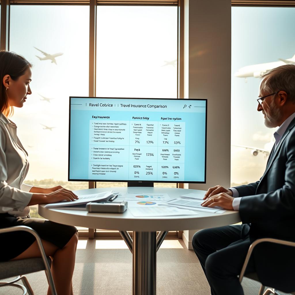 Uma cena informativa que retrata um processo de comparação de seguros de viagem. Em primeiro plano, um grupo diversificado de três profissionais (uma mulher de terno e gravata, um homem com camisa social e um senhor de terno) está reunido em torno de uma mesa redonda moderna, analisando diversos documentos e gráficos à sua frente. Ao fundo, uma grande tela digital exibe informações importantes e estatísticas relacionadas às opções de seguro de viagem. Grandes janelas mostram um dia ensolarado com silhuetas de aviões no céu, simbolizando viagens. Uma luz natural suave entra pela janela, criando uma atmosfera de colaboração e tomada de decisão. O foco está nos profissionais, com um leve efeito bokeh no fundo para enfatizar a importância da discussão.