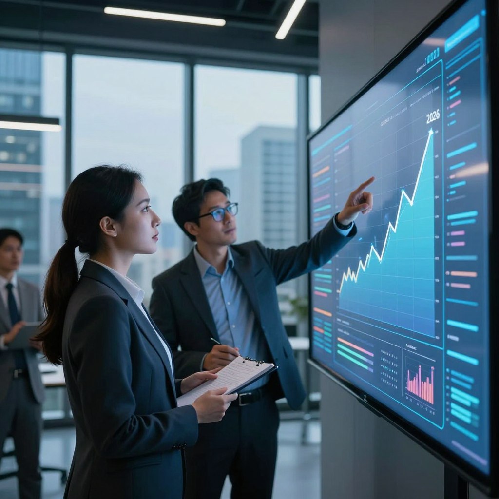 In a futuristic office setting, visualize a diverse group of three business professionals analyzing digital economic projections on a large interactive screen. The foreground features a focused woman in a smart business suit, pointing at a graph displaying a rising trend for 2026. In the middle, a man in glasses takes notes while another professional gestures towards the screen, facilitating a discussion. The background includes sleek cityscape views through floor-to-ceiling windows, with holographic displays of data and charts emphasizing growth and future potentials. Soft, ambient lighting creates a dynamic and optimistic atmosphere, emphasizing collaboration and innovation. The scene captures a forward-looking perspective on economic projections without any text or overlays.