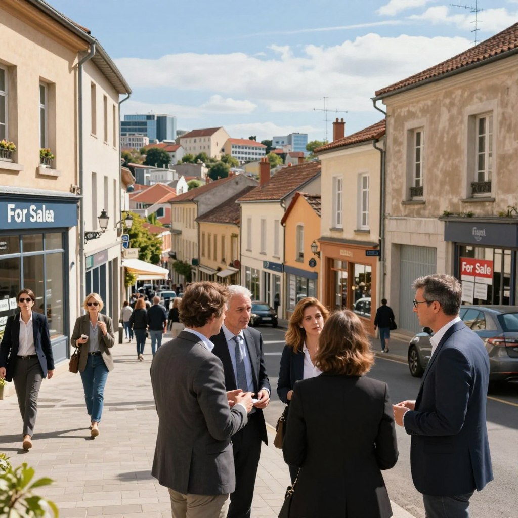 A bustling street scene in Saint-Étienne, France, showcasing a vibrant neighborhood suited for real estate investment. In the foreground, a diverse group of professional investors—two men and two women—are engaged in a discussion, dressed in smart business attire, highlighting a sense of collaboration. The middle ground features charming, well-maintained buildings typical of the area, with 'For Sale' signs in windows, hinting at investment opportunities. In the background, the city's skyline includes modern and historical architecture, bathed in warm, natural sunlight. A blue sky with few clouds adds to the positive atmosphere. The angle captures a slightly elevated view, creating depth while emphasizing the exciting potential of real estate investment in Saint-Étienne, encouraging a sense of ambition and caution appropriate for new investors. A bustling street scene in Saint-Étienne, France, showcasing a vibrant neighborhood suited for real estate investment. In the foreground, a diverse group of professional investors—two men and two women—are engaged in a discussion, dressed in smart business attire, highlighting a sense of collaboration. The middle ground features charming, well-maintained buildings typical of the area, with 'For Sale' signs in windows, hinting at investment opportunities. In the background, the city's skyline includes modern and historical architecture, bathed in warm, natural sunlight. A blue sky with few clouds adds to the positive atmosphere. The angle captures a slightly elevated view, creating depth while emphasizing the exciting potential of real estate investment in Saint-Étienne, encouraging a sense of ambition and caution appropriate for new investors.