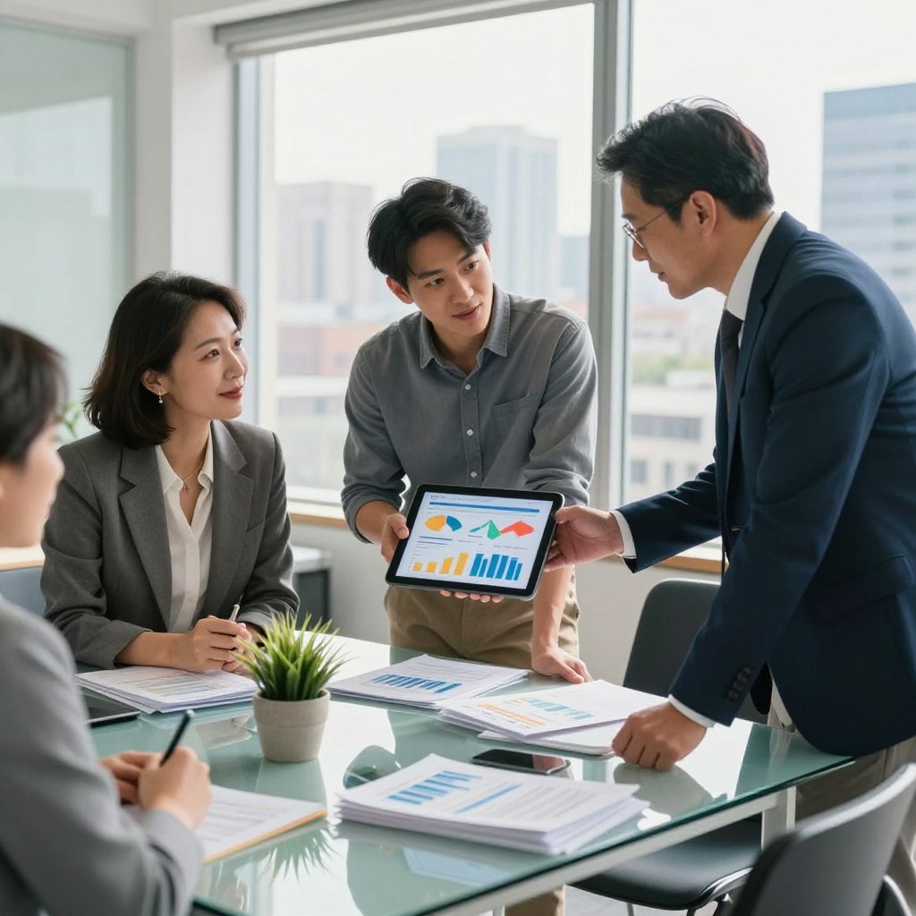 A busy modern office scene where diverse professionals are engaged in a collaborative discussion about participative investment. In the foreground, a group of three individuals—a middle-aged woman in smart business attire, a young man in modest casual clothing, and a middle-aged man in a formal suit—are studying a colorful infographic on a tablet, showcasing various investment options. In the middle, a clear glass conference table with stacks of reports, charts, and a potted plant adds a touch of life. The background features a large window revealing a city skyline under natural daylight, casting a bright, optimistic atmosphere. Soft shadows enhance the mood of collaboration and innovation, making the setting inviting and professional. The perspective is slightly angled to create depth, focusing on the engaged faces of the professionals. A busy modern office scene where diverse professionals are engaged in a collaborative discussion about participative investment. In the foreground, a group of three individuals—a middle-aged woman in smart business attire, a young man in modest casual clothing, and a middle-aged man in a formal suit—are studying a colorful infographic on a tablet, showcasing various investment options. In the middle, a clear glass conference table with stacks of reports, charts, and a potted plant adds a touch of life. The background features a large window revealing a city skyline under natural daylight, casting a bright, optimistic atmosphere. Soft shadows enhance the mood of collaboration and innovation, making the setting inviting and professional. The perspective is slightly angled to create depth, focusing on the engaged faces of the professionals.