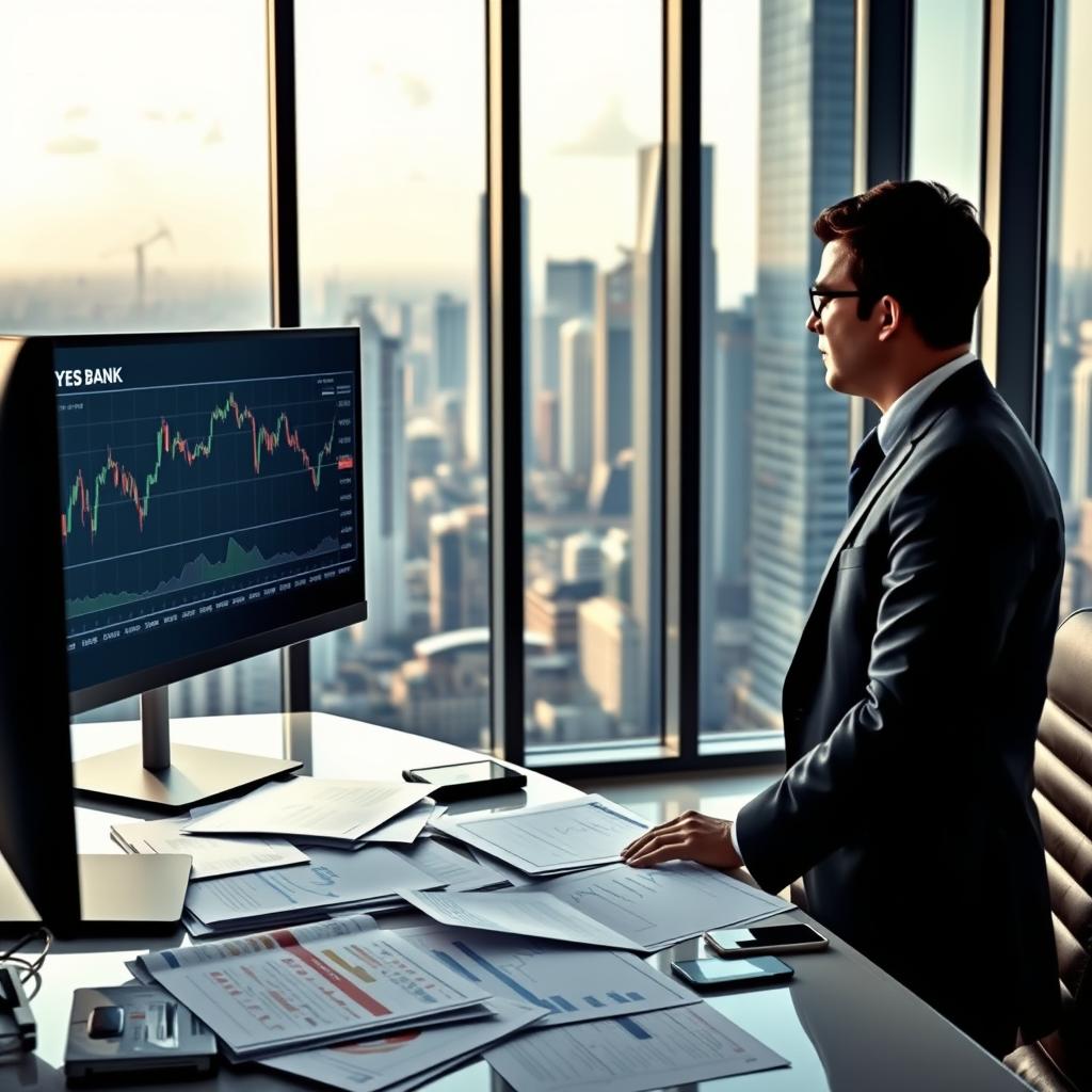 A detailed financial analysis scene focused on Yes Bank. In the foreground, a professional financial analyst in formal business attire is examining stock charts on a large screen, with graphs showing fluctuations in Yes Bank's share price. In the middle ground, a modern office setting features a sleek desk cluttered with financial reports and market trend analyses. The background showcases a panoramic view of a bustling financial district, filled with high-rise buildings, symbolizing the banking industry. The scene is illuminated by soft, natural light coming through large windows, creating a dynamic yet serious atmosphere. The mood conveys focus and professionalism with an emphasis on investment risks associated with Yes Bank. A detailed financial analysis scene focused on Yes Bank. In the foreground, a professional financial analyst in formal business attire is examining stock charts on a large screen, with graphs showing fluctuations in Yes Bank's share price. In the middle ground, a modern office setting features a sleek desk cluttered with financial reports and market trend analyses. The background showcases a panoramic view of a bustling financial district, filled with high-rise buildings, symbolizing the banking industry. The scene is illuminated by soft, natural light coming through large windows, creating a dynamic yet serious atmosphere. The mood conveys focus and professionalism with an emphasis on investment risks associated with Yes Bank.