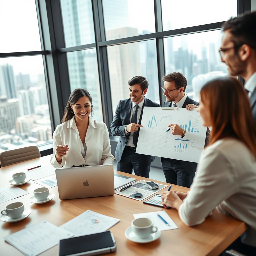 A diverse group of professionals in formal business attire engaged in discussion at a modern office setting, representing opportunities after obtaining the CFA certification. In the foreground, a confident woman holding a laptop, showcasing financial graphs, while beside her, a man pointing at a whiteboard filled with strategic plans. The middle ground features a large conference table with charts, documents, and coffee cups scattered around, suggesting a collaborative environment. In the background, large windows reveal a cityscape with skyscrapers, indicating a bustling financial district. Soft, warm lighting filters through, creating an inviting and optimistic atmosphere. The focus is on professional growth, ambition, and teamwork in the finance sector, with a dynamic angle that captures the interaction and energy among the professionals. A diverse group of professionals in formal business attire engaged in discussion at a modern office setting, representing opportunities after obtaining the CFA certification. In the foreground, a confident woman holding a laptop, showcasing financial graphs, while beside her, a man pointing at a whiteboard filled with strategic plans. The middle ground features a large conference table with charts, documents, and coffee cups scattered around, suggesting a collaborative environment. In the background, large windows reveal a cityscape with skyscrapers, indicating a bustling financial district. Soft, warm lighting filters through, creating an inviting and optimistic atmosphere. The focus is on professional growth, ambition, and teamwork in the finance sector, with a dynamic angle that captures the interaction and energy among the professionals.