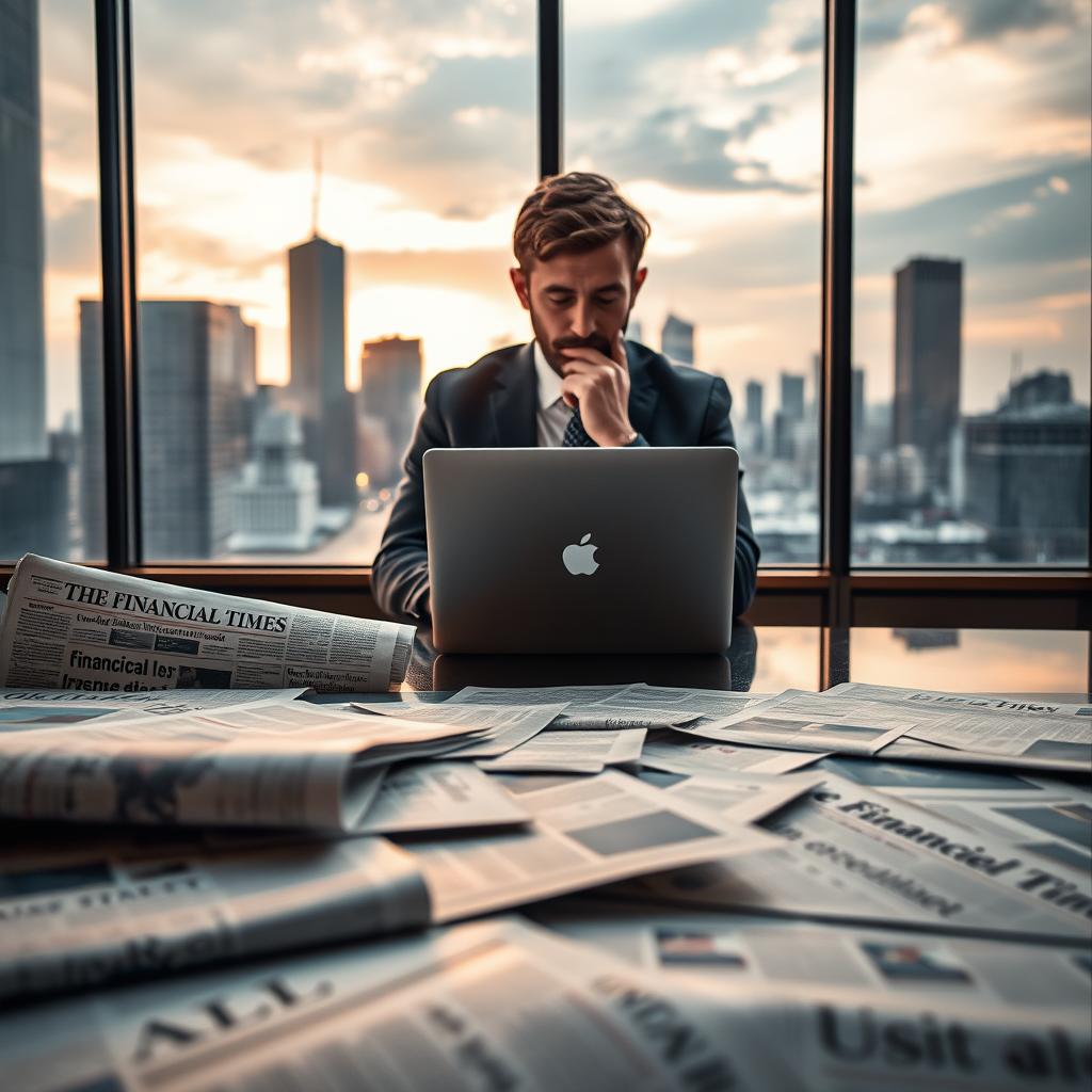 A dramatic editorial scene depicting the essence of controversies surrounding the Financial Times. In the foreground, a series of newspaper clippings scatter across a polished desk, showcasing headlines of critical articles and editorials about financial ethics and journalistic integrity. The middle ground features a professional journalist in formal attire, intently studying a laptop with a thoughtful expression, symbolizing the scrutiny of media practices. In the background, a large window reveals a city skyline at dusk, casting a golden light that highlights the tension in the atmosphere. Soft shadows loom to evoke a sense of gravitas and seriousness. The composition should utilize a shallow depth of field, focusing sharply on the journalist and papers while gently blurring the background. The overall mood should convey reflection and inquiry. A dramatic editorial scene depicting the essence of controversies surrounding the Financial Times. In the foreground, a series of newspaper clippings scatter across a polished desk, showcasing headlines of critical articles and editorials about financial ethics and journalistic integrity. The middle ground features a professional journalist in formal attire, intently studying a laptop with a thoughtful expression, symbolizing the scrutiny of media practices. In the background, a large window reveals a city skyline at dusk, casting a golden light that highlights the tension in the atmosphere. Soft shadows loom to evoke a sense of gravitas and seriousness. The composition should utilize a shallow depth of field, focusing sharply on the journalist and papers while gently blurring the background. The overall mood should convey reflection and inquiry.