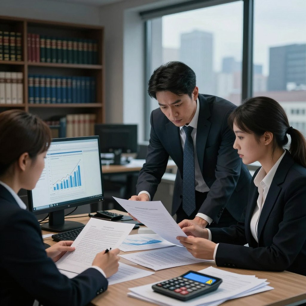 A dramatic office setting depicting financial fraud investigations. In the foreground, a group of three professionals in formal business attire, a man and two women, are intensely examining financial documents and a computer screen filled with graphs. In the middle ground, a large table strewn with files, calculators, and a digital tablet displaying warning signs of fraud. In the background, a blurred bookshelf filled with legal and financial textbooks, and a large window showing a cloudy city skyline, creating a somber atmosphere. Soft, diffused lighting enhances the serious mood, emphasizing the urgency of consumer protection. The scene should convey a sense of vigilance and professionalism. A dramatic office setting depicting financial fraud investigations. In the foreground, a group of three professionals in formal business attire, a man and two women, are intensely examining financial documents and a computer screen filled with graphs. In the middle ground, a large table strewn with files, calculators, and a digital tablet displaying warning signs of fraud. In the background, a blurred bookshelf filled with legal and financial textbooks, and a large window showing a cloudy city skyline, creating a somber atmosphere. Soft, diffused lighting enhances the serious mood, emphasizing the urgency of consumer protection. The scene should convey a sense of vigilance and professionalism.