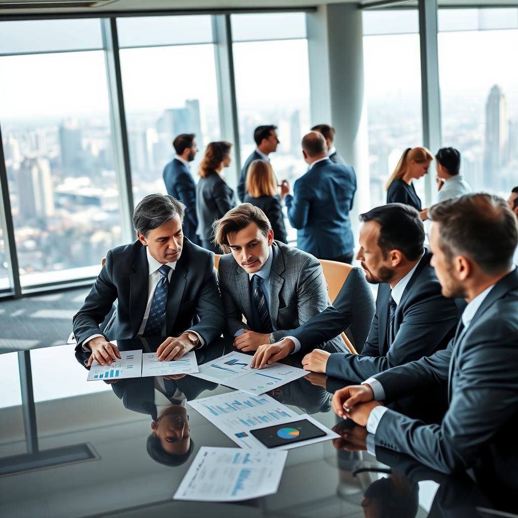 A dynamic and engaging scene depicting key players in the CLO market in a conference setting. In the foreground, a diverse group of three professionals in business attire—two men and one woman—are engaged in a focused discussion around a sleek conference table, with valuable papers and financial charts spread out before them. In the middle ground, other participants are conversing and networking, showcasing a vibrant atmosphere of collaboration. The background features large windows allowing natural light to flood in, with a city skyline visible outside, suggesting a modern financial hub. The overall mood is professional yet energetic, highlighting the critical nature of financial discussions. The image is well-lit with soft shadows, giving it a polished, high-definition look.