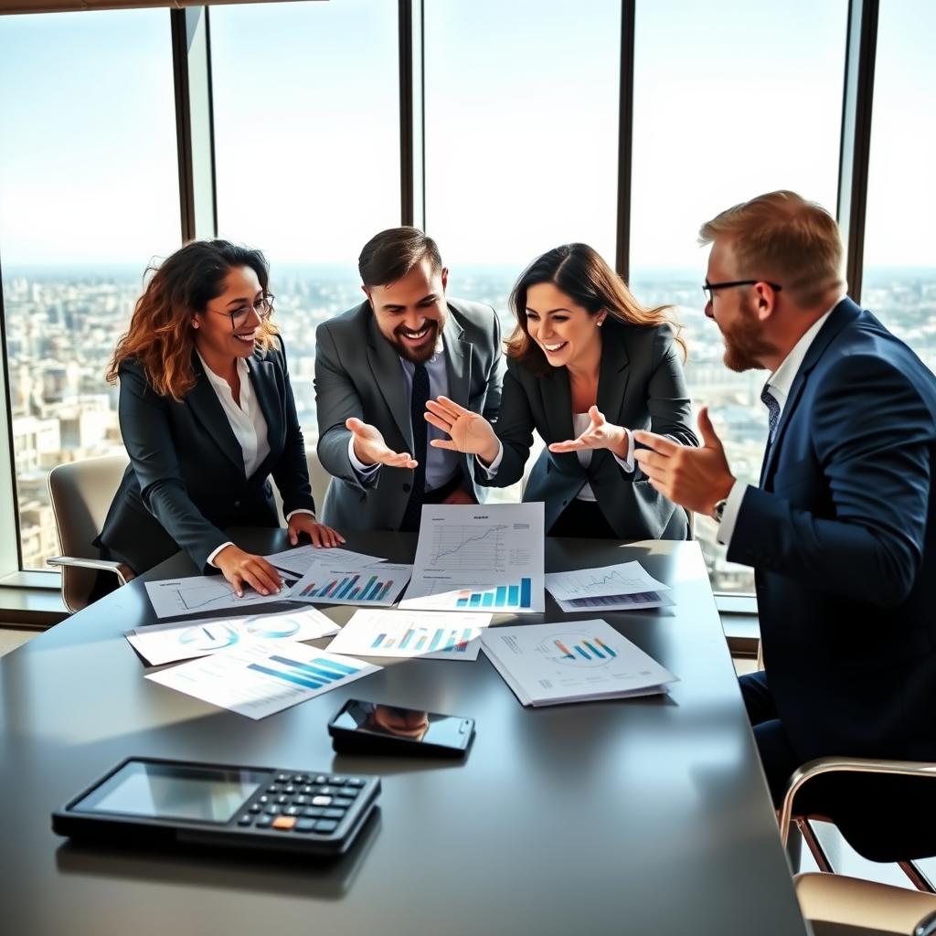 A dynamic financial meeting in a modern office setting, showcasing a diverse group of three professional individuals in business attire, engaged in a lively discussion over a laptop and financial documents that include LBO charts and diagrams. The foreground features a sleek conference table with papers and a calculator, while the middle ground displays the individuals gesturing towards the screen, emphasizing their collaboration and success in managing an LBO. The background reveals a panoramic city view through large windows under bright, natural lighting that enhances the atmosphere of ambition and opportunity. The scene captures a sense of professionalism and excitement, indicative of a successful LBO in France. A dynamic financial meeting in a modern office setting, showcasing a diverse group of three professional individuals in business attire, engaged in a lively discussion over a laptop and financial documents that include LBO charts and diagrams. The foreground features a sleek conference table with papers and a calculator, while the middle ground displays the individuals gesturing towards the screen, emphasizing their collaboration and success in managing an LBO. The background reveals a panoramic city view through large windows under bright, natural lighting that enhances the atmosphere of ambition and opportunity. The scene captures a sense of professionalism and excitement, indicative of a successful LBO in France.