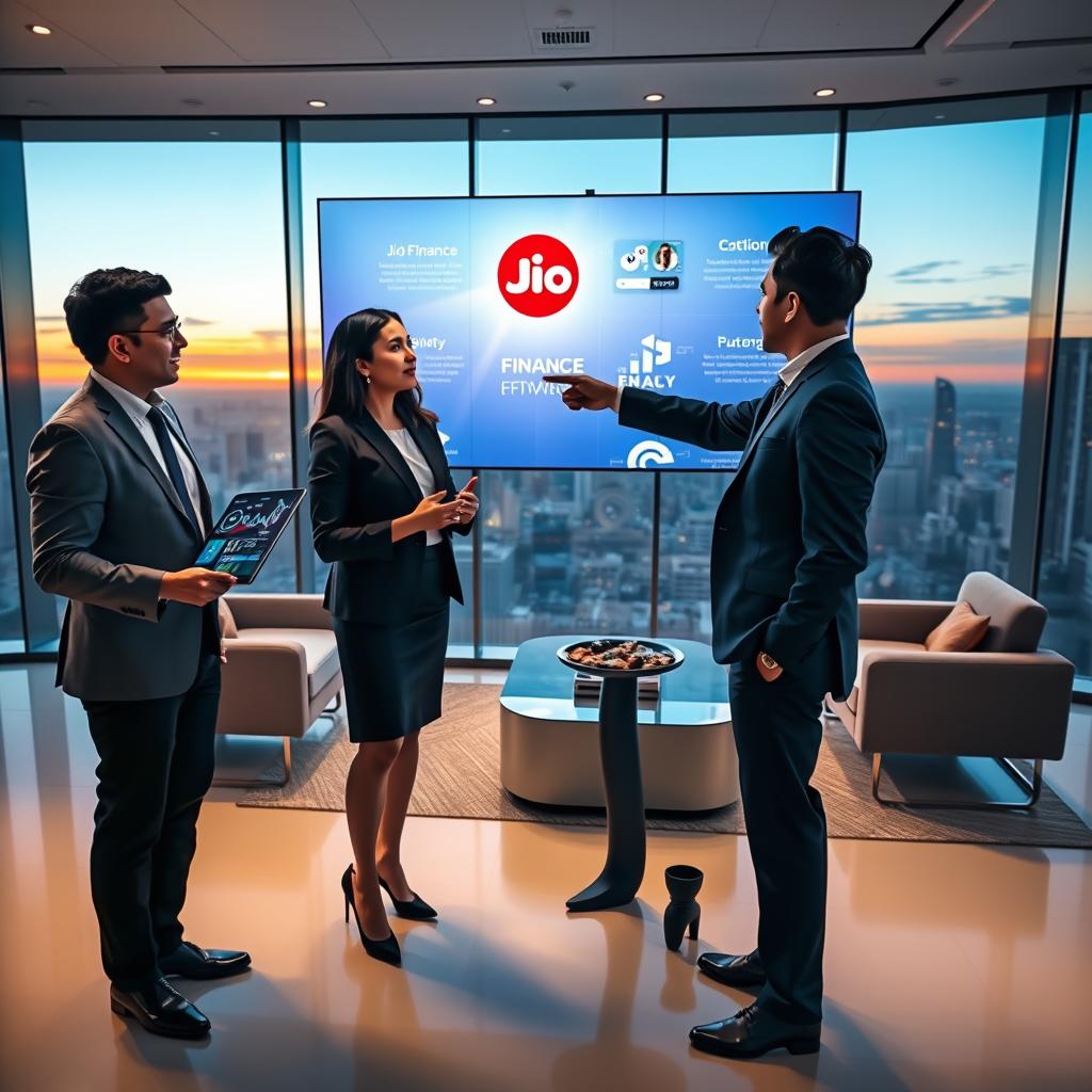 A dynamic scene depicting the innovations and future projects of Jio Finance. In the foreground, a diverse group of three professional individuals in business attire engages in a discussion, highlighting collaboration and forward-thinking. One person is showcasing digital financial charts on a sleek tablet, while another points to a large futuristic screen displaying Jio Finance logos and innovative technology concepts. In the middle ground, an elegant modern office environment features glass walls and contemporary furniture bathed in soft, ambient lighting. The background reveals a panoramic city skyline at dusk, symbolizing growth and opportunity, with a gentle sunset casting warm hues across the scene. The overall mood is optimistic, emphasizing innovation and teamwork in finance. A dynamic scene depicting the innovations and future projects of Jio Finance. In the foreground, a diverse group of three professional individuals in business attire engages in a discussion, highlighting collaboration and forward-thinking. One person is showcasing digital financial charts on a sleek tablet, while another points to a large futuristic screen displaying Jio Finance logos and innovative technology concepts. In the middle ground, an elegant modern office environment features glass walls and contemporary furniture bathed in soft, ambient lighting. The background reveals a panoramic city skyline at dusk, symbolizing growth and opportunity, with a gentle sunset casting warm hues across the scene. The overall mood is optimistic, emphasizing innovation and teamwork in finance.