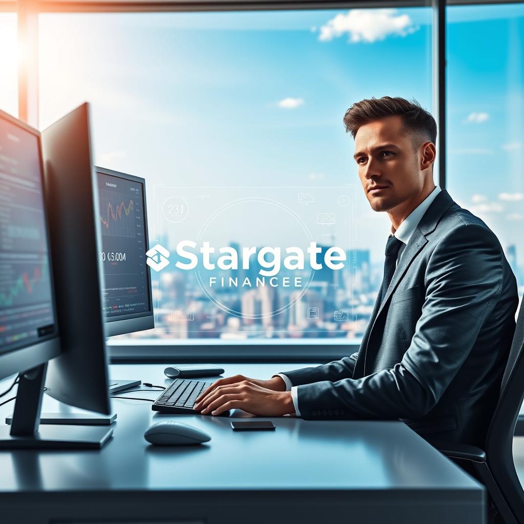 A futuristic and professional workspace showcasing "Stargate Finance." In the foreground, a sleek, modern computer desk with multiple monitors displaying financial graphs and charts. A confident professional in smart business attire, sitting in front of the computer, analyzing data, with a thoughtful expression. In the middle ground, a holographic interface projecting the Stargate Finance logo and animated financial metrics, creating a dynamic atmosphere. The background features a large window with a panoramic view of a city skyline under a bright blue sky, infused with soft natural light. The overall mood is focused and innovative, capturing the essence of starting a journey in finance and technology. The image should be sharp and vibrant, emphasizing professionalism, clarity, and futuristic elements. A futuristic and professional workspace showcasing "Stargate Finance." In the foreground, a sleek, modern computer desk with multiple monitors displaying financial graphs and charts. A confident professional in smart business attire, sitting in front of the computer, analyzing data, with a thoughtful expression. In the middle ground, a holographic interface projecting the Stargate Finance logo and animated financial metrics, creating a dynamic atmosphere. The background features a large window with a panoramic view of a city skyline under a bright blue sky, infused with soft natural light. The overall mood is focused and innovative, capturing the essence of starting a journey in finance and technology. The image should be sharp and vibrant, emphasizing professionalism, clarity, and futuristic elements.