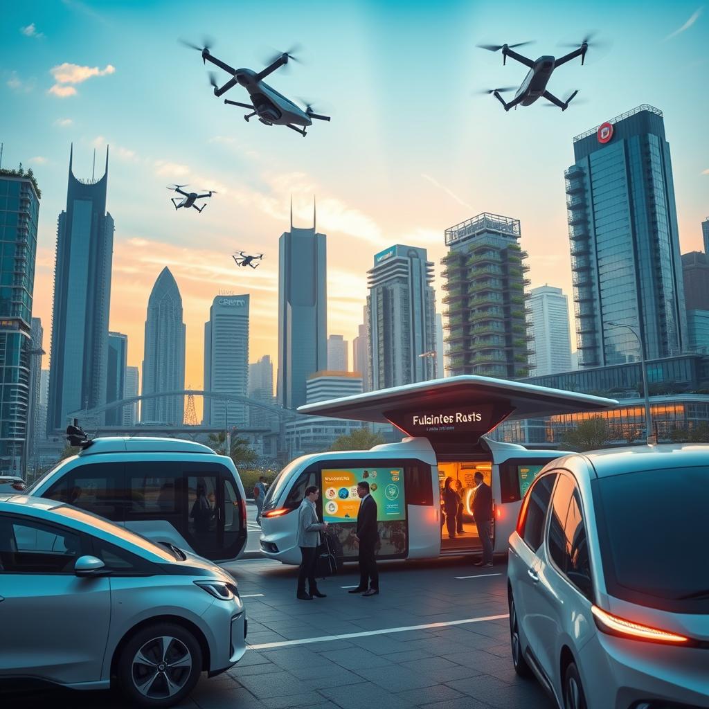 A futuristic cityscape featuring innovative transportation systems that embody advancements in mobility. In the foreground, sleek electric vehicles and autonomous shuttles are parked, showcasing their modern design. The middle ground highlights a bustling transportation hub with people dressed in professional business attire, interacting with digital displays of real-time transit information. Above, drones and flying taxis navigate the airspace, illustrating cutting-edge aerial transport. The background showcases skyscrapers adorned with green technology such as vertical gardens and solar panels, against a vibrant sunset that casts warm lighting across the scene. The atmosphere is dynamic and optimistic, reflecting the promise of research and development in the field of transportation and mobility innovations. A futuristic cityscape featuring innovative transportation systems that embody advancements in mobility. In the foreground, sleek electric vehicles and autonomous shuttles are parked, showcasing their modern design. The middle ground highlights a bustling transportation hub with people dressed in professional business attire, interacting with digital displays of real-time transit information. Above, drones and flying taxis navigate the airspace, illustrating cutting-edge aerial transport. The background showcases skyscrapers adorned with green technology such as vertical gardens and solar panels, against a vibrant sunset that casts warm lighting across the scene. The atmosphere is dynamic and optimistic, reflecting the promise of research and development in the field of transportation and mobility innovations.
